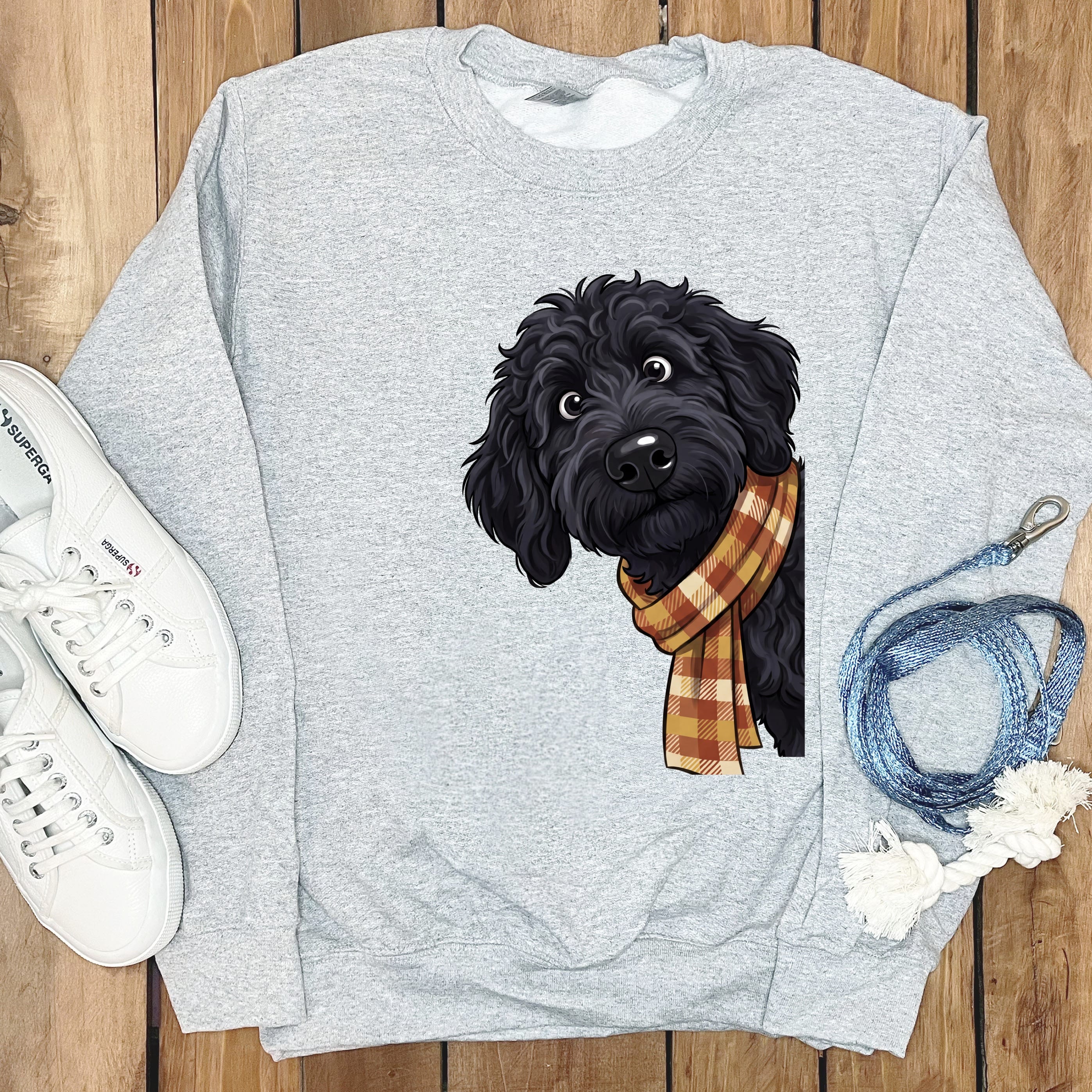 Fall Plaid Black Goldendoodle Sweatshirt in Sport Grey / S by Puppy Jo