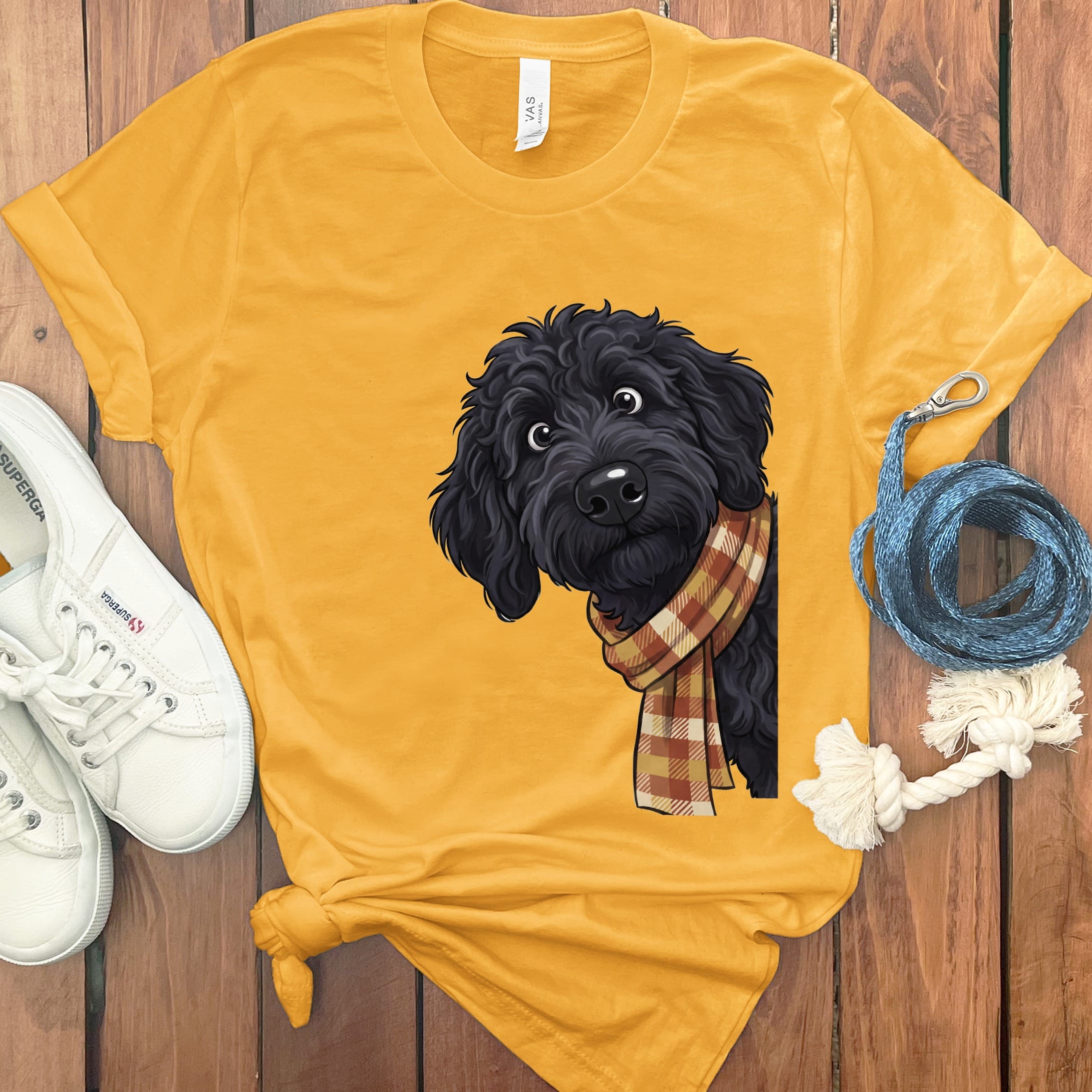 Fall Plaid Black Goldendoodle T-Shirt in Gold / S by Puppy Jo
