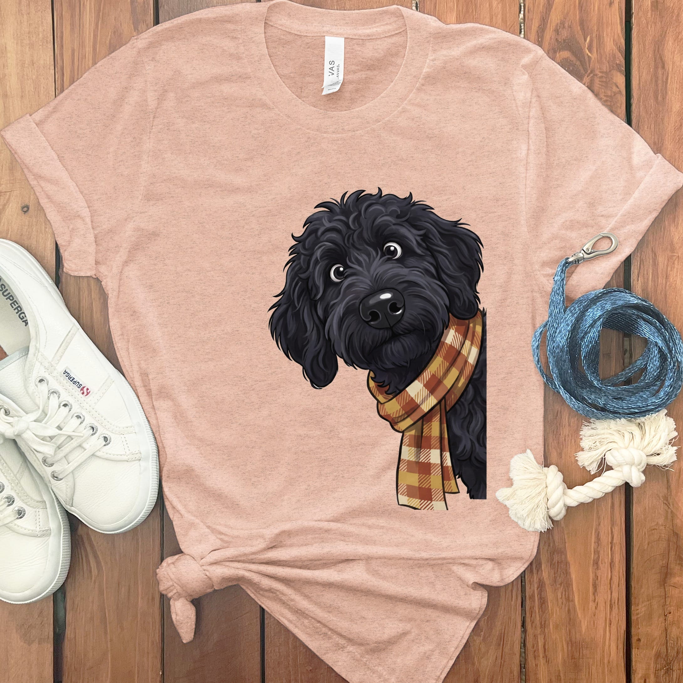 Fall Plaid Black Goldendoodle T-Shirt in Heather Peach / S by Puppy Jo