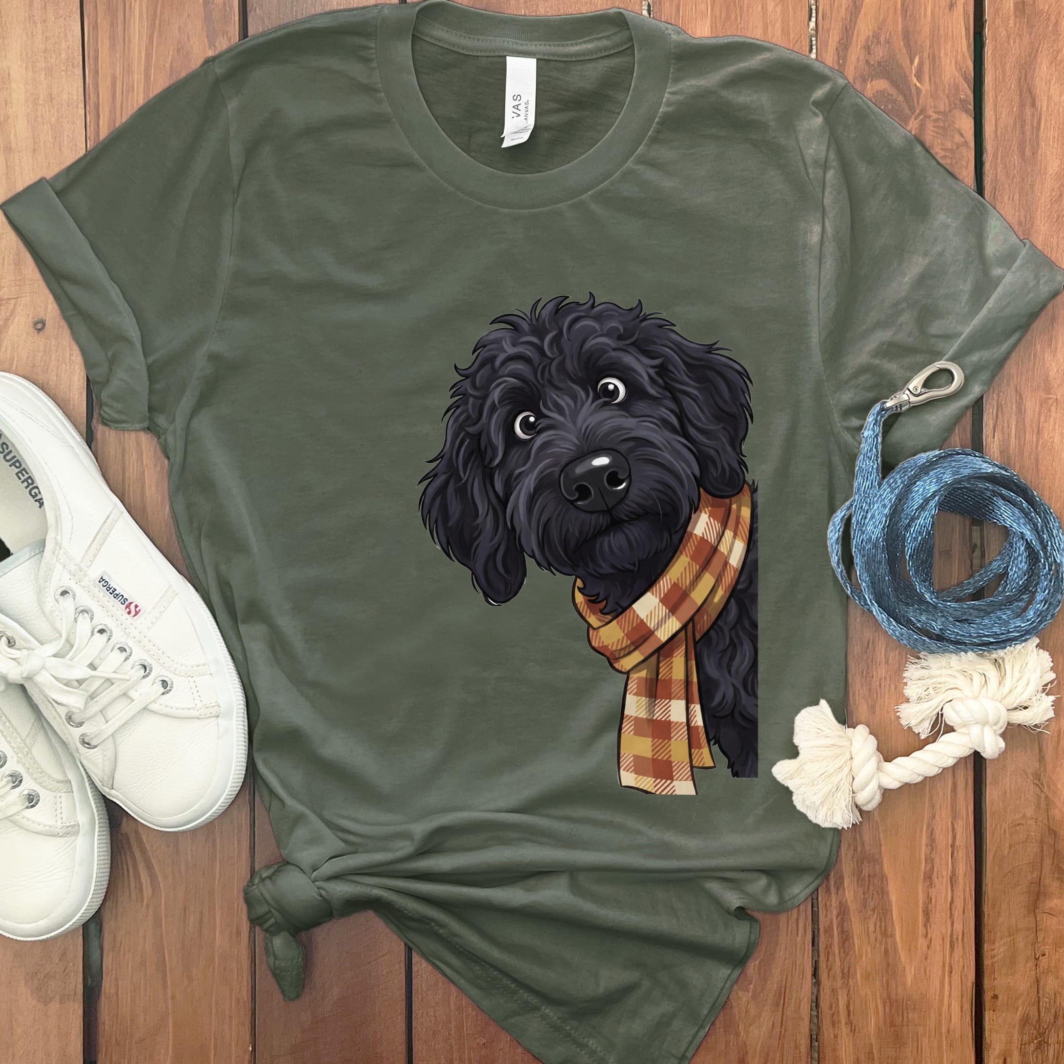 Fall Plaid Black Goldendoodle T-Shirt in Military Green / S by Puppy Jo