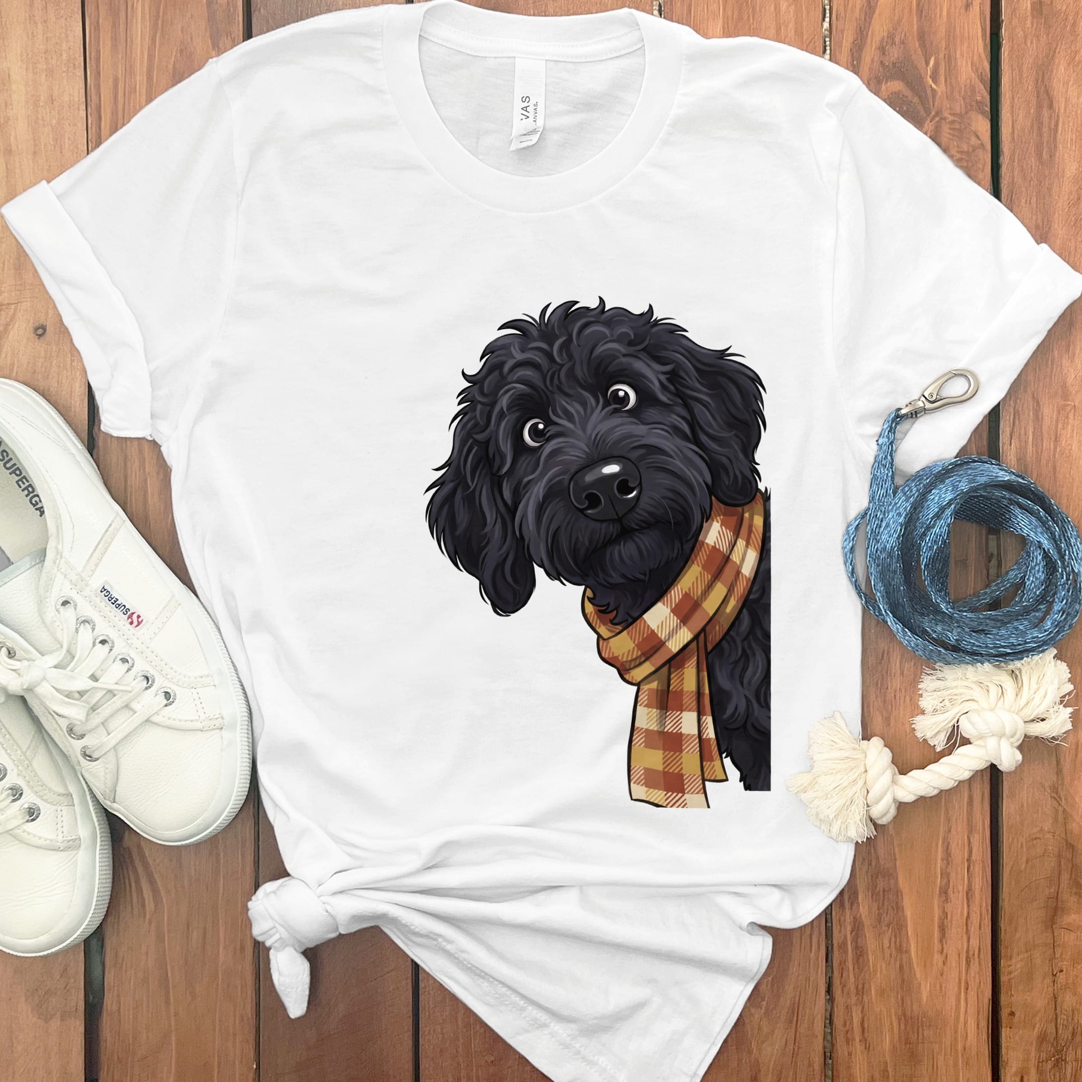 Fall Plaid Black Goldendoodle T-Shirt in White / S by Puppy Jo