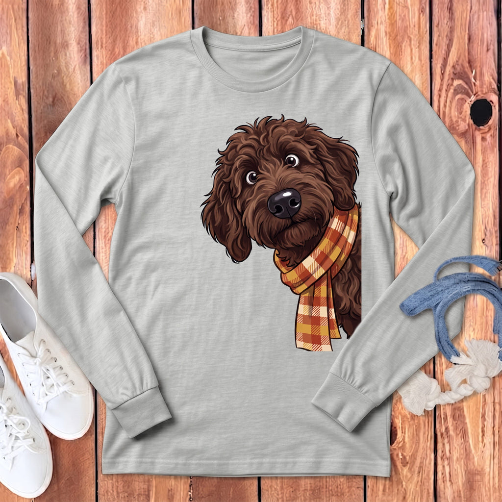 Fall Plaid Chocolate Goldendoodle Long Sleeve T-Shirt in Athletic Heather / S by Puppy Jo