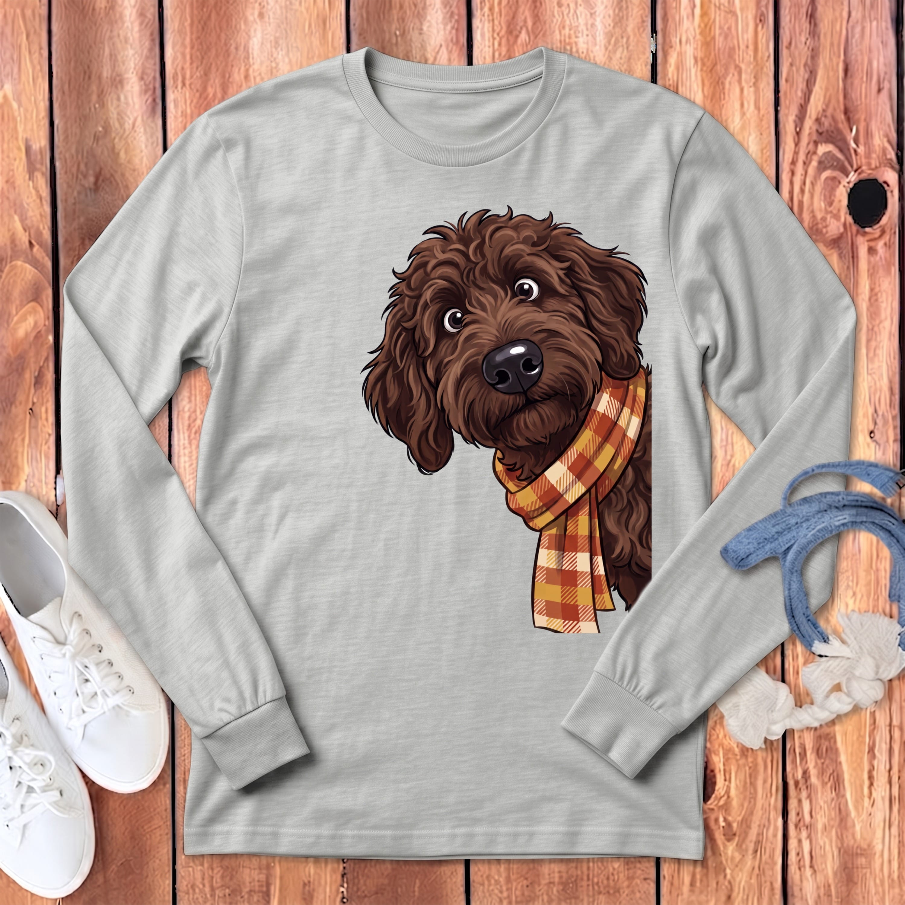 Fall Plaid Chocolate Goldendoodle Long Sleeve T-Shirt in Athletic Heather / S by Puppy Jo