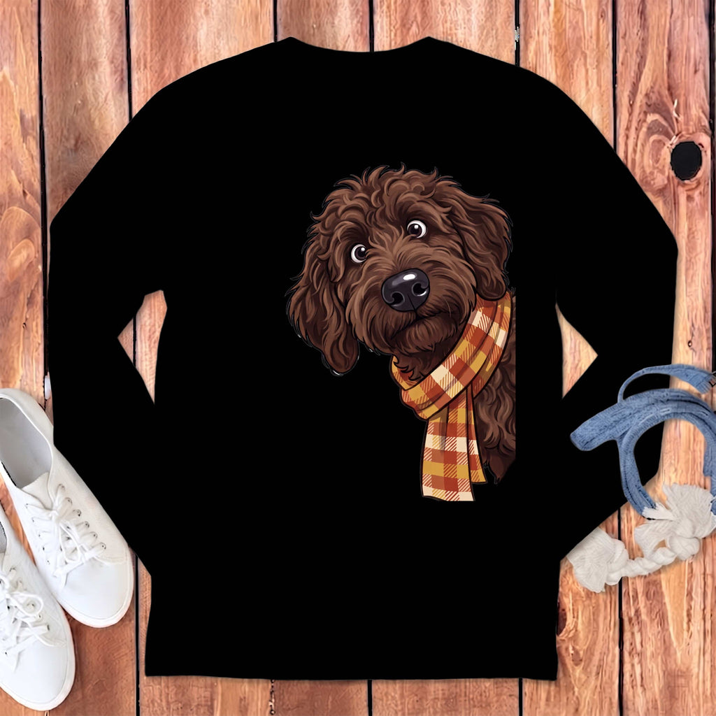 Fall Plaid Chocolate Goldendoodle Long Sleeve T-Shirt in Black / S by Puppy Jo