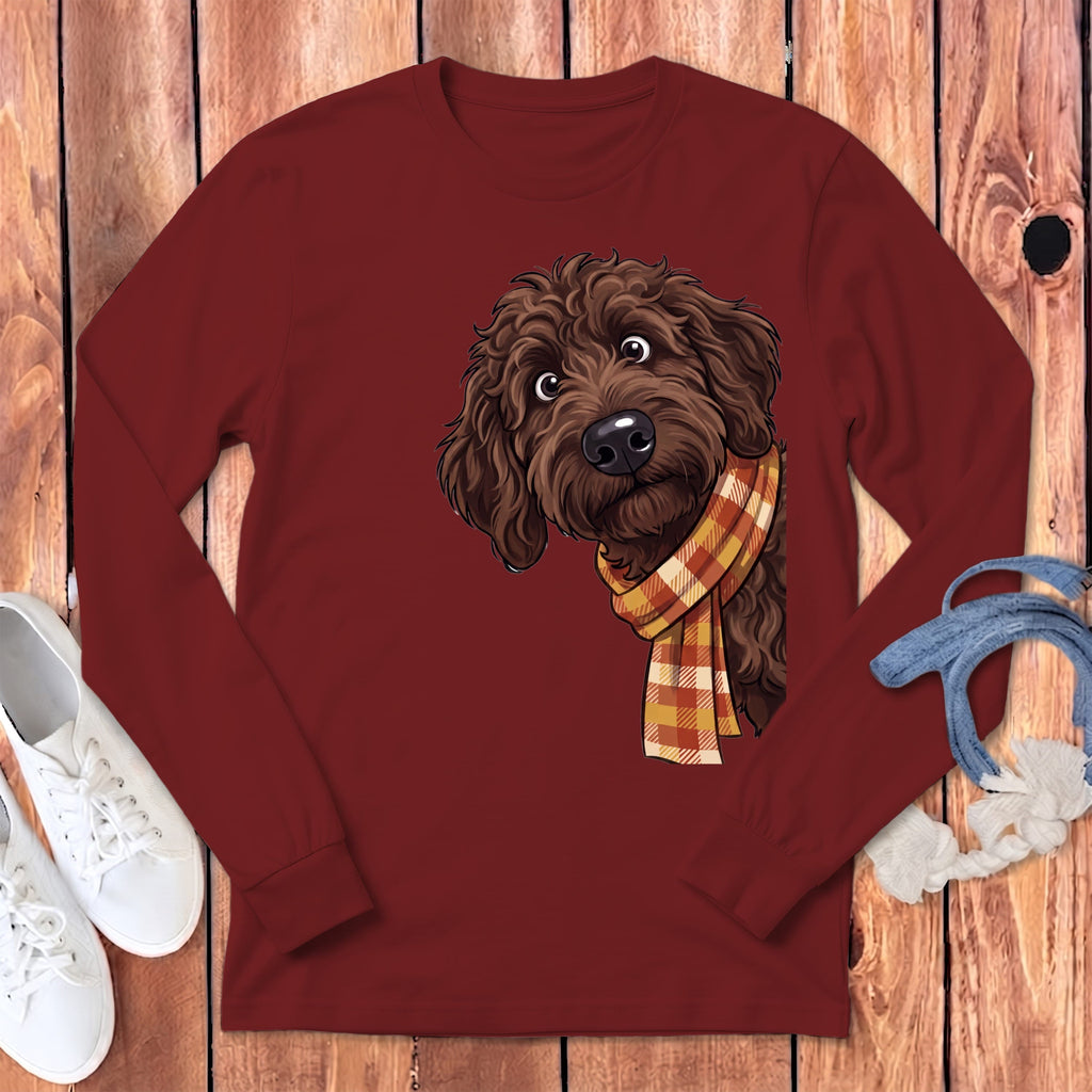 Fall Plaid Chocolate Goldendoodle Long Sleeve T-Shirt in Cardinal / S by Puppy Jo