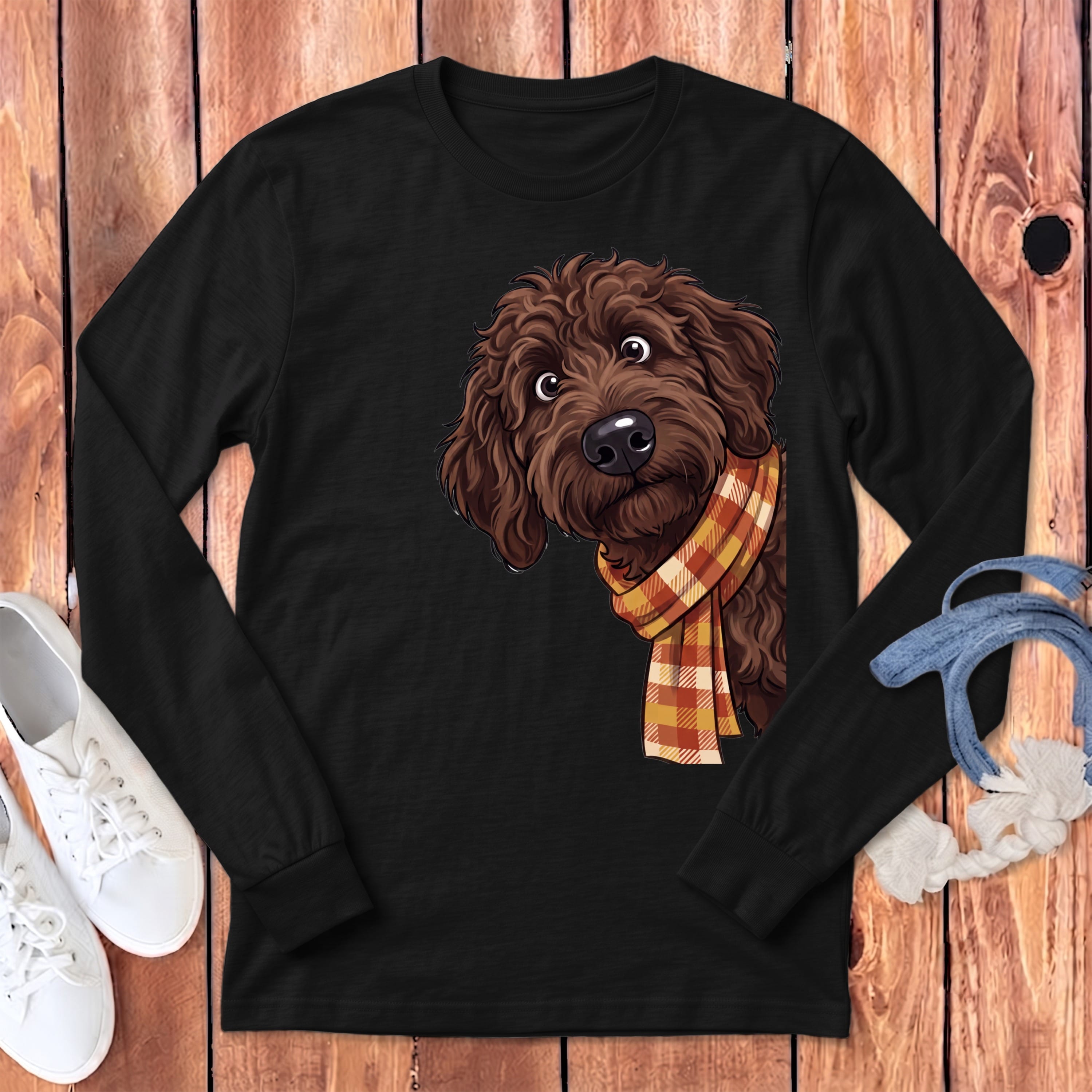 Fall Plaid Chocolate Goldendoodle Long Sleeve T-Shirt in Dark Grey Heather / S by Puppy Jo