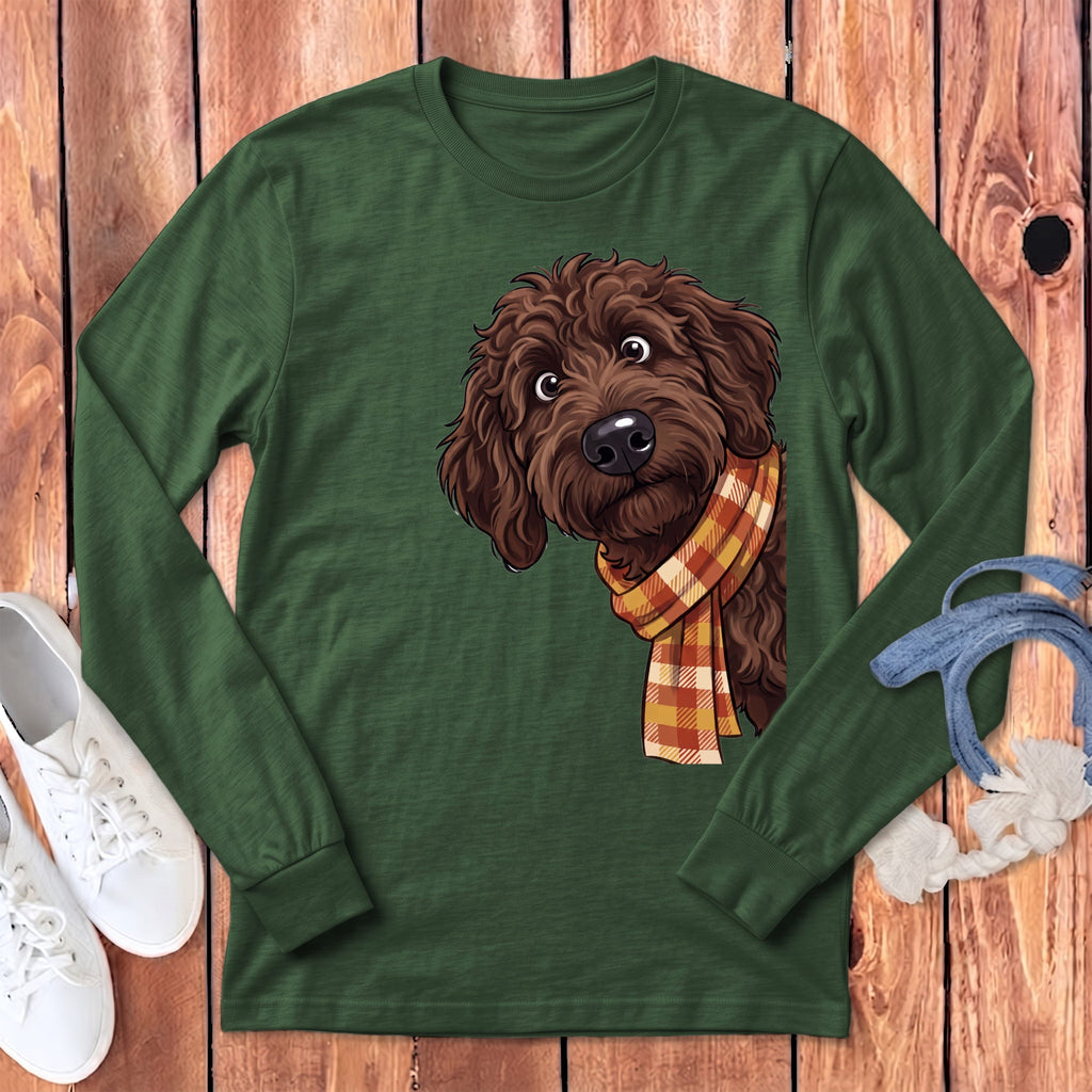 Fall Plaid Chocolate Goldendoodle Long Sleeve T-Shirt in Heather Forest / S by Puppy Jo