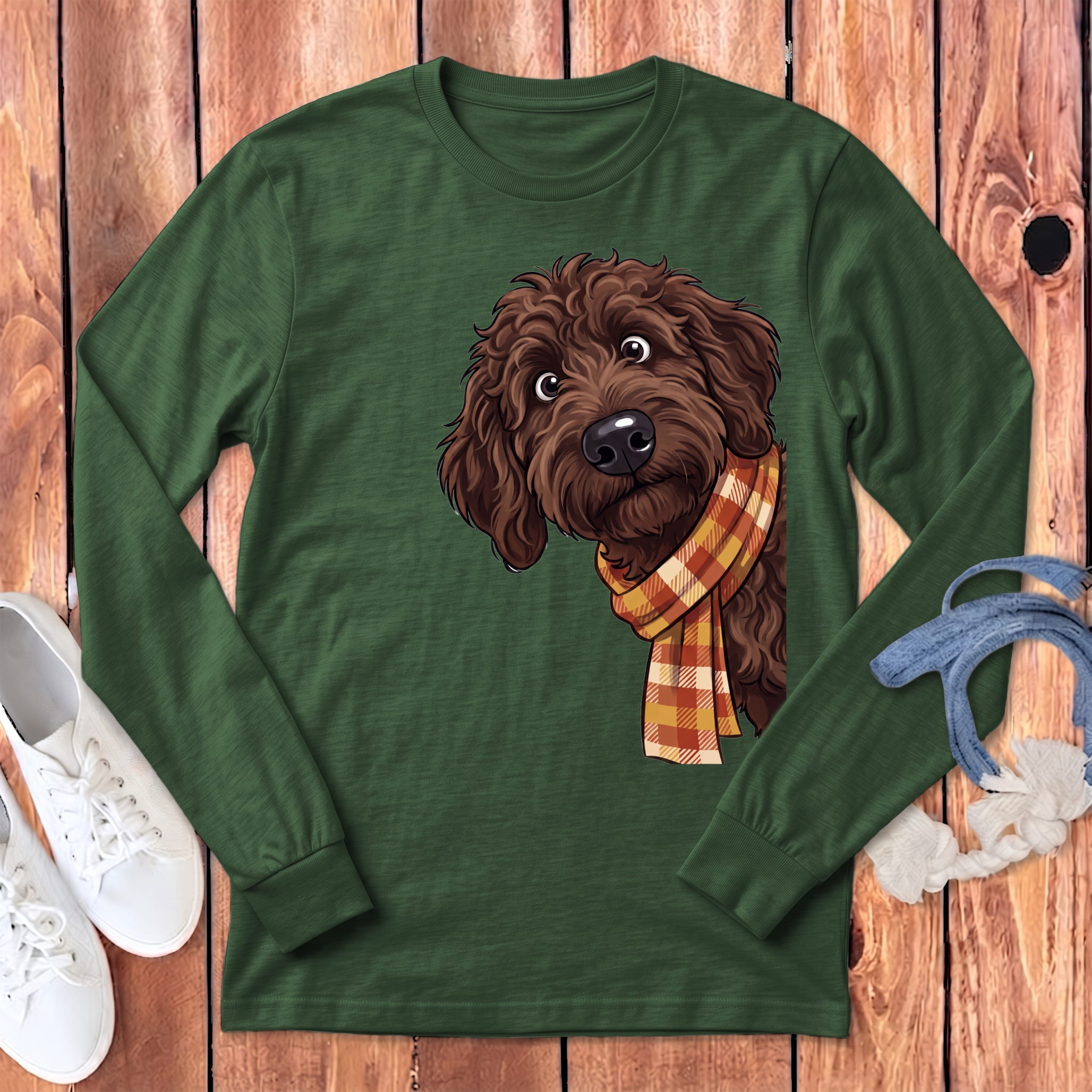 Fall Plaid Chocolate Goldendoodle Long Sleeve T-Shirt in Heather Forest / S by Puppy Jo