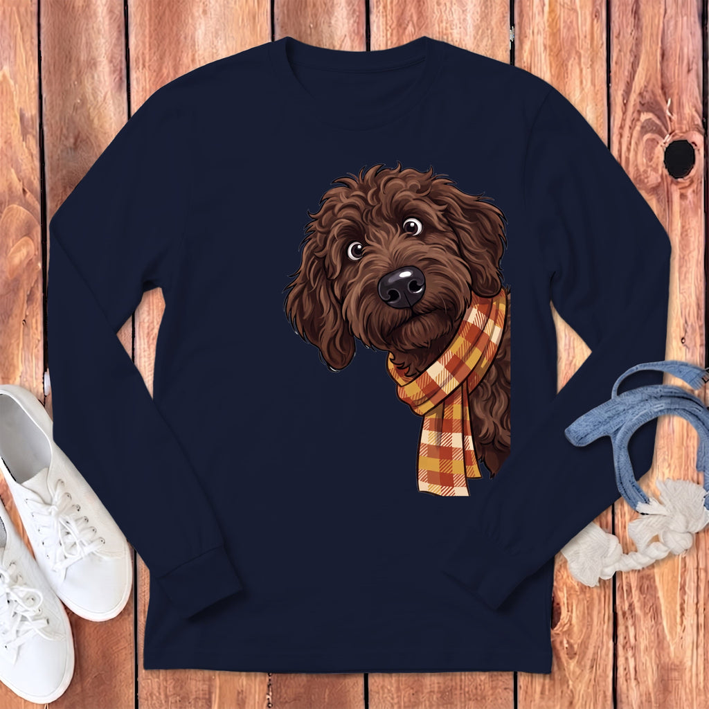 Fall Plaid Chocolate Goldendoodle Long Sleeve T-Shirt in Navy / S by Puppy Jo