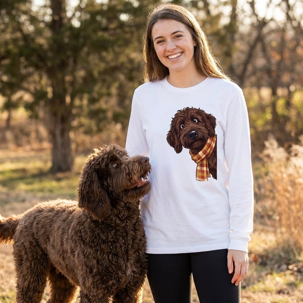 Fall Plaid Chocolate Goldendoodle Long Sleeve T-Shirt in by Puppy Jo