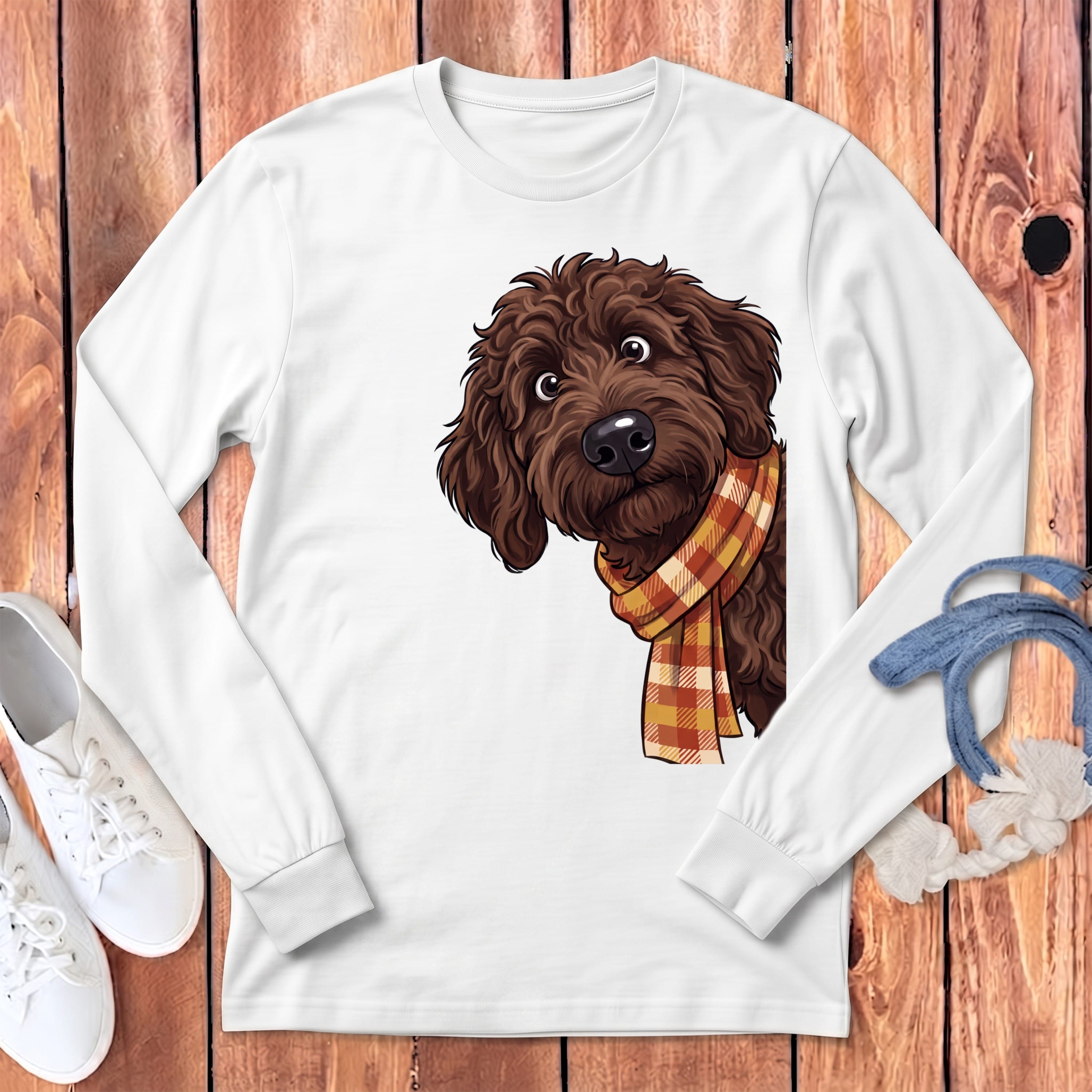 Fall Plaid Chocolate Goldendoodle Long Sleeve T-Shirt in White / S by Puppy Jo