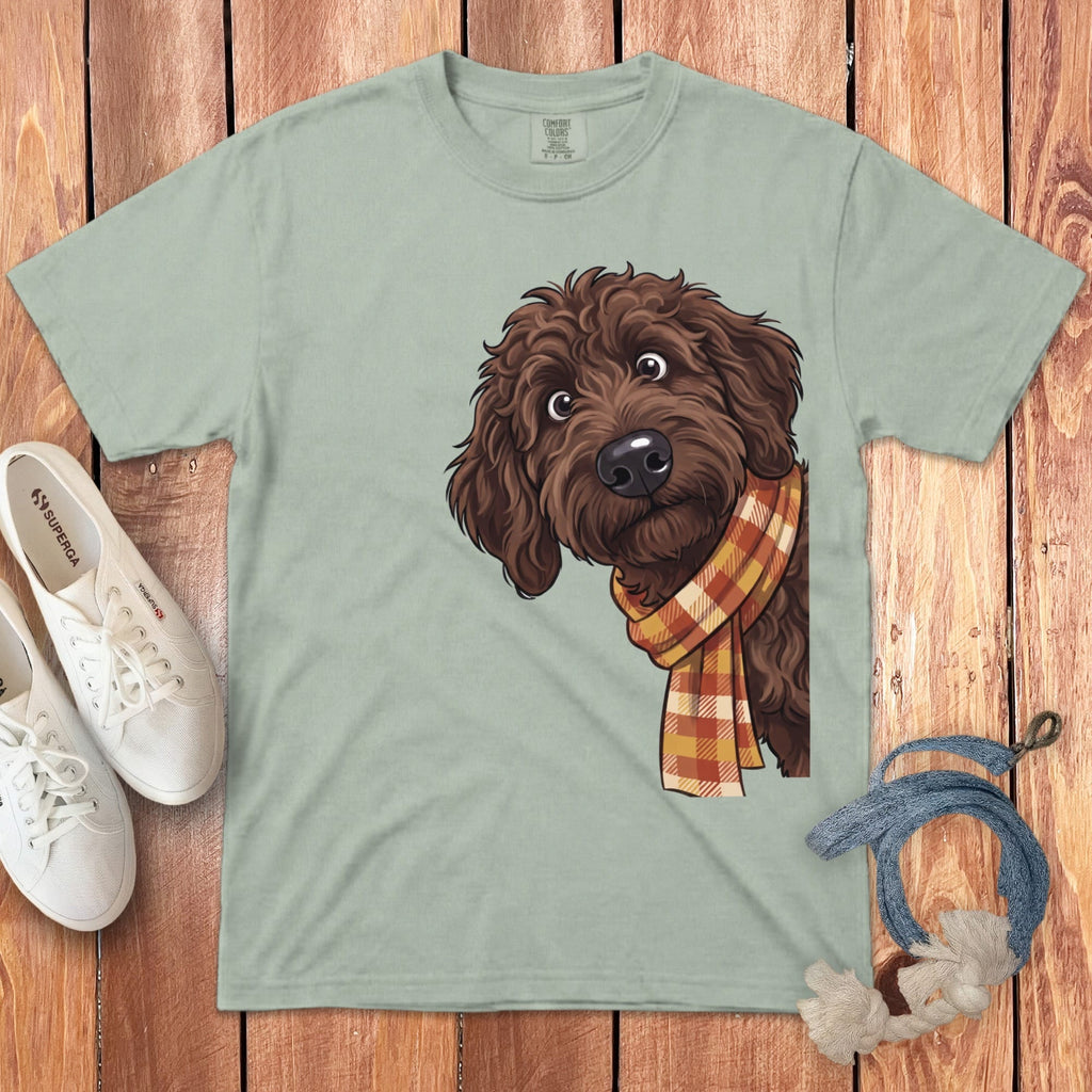Fall Plaid Chocolate Goldendoodle Signature T-Shirt in Bay / S / T-Shirts by Puppy Jo
