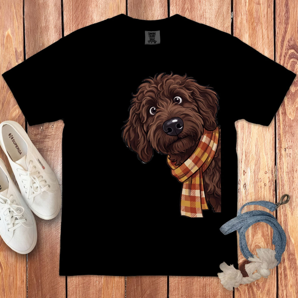 Fall Plaid Chocolate Goldendoodle Signature T-Shirt in Black / S / T-Shirts by Puppy Jo