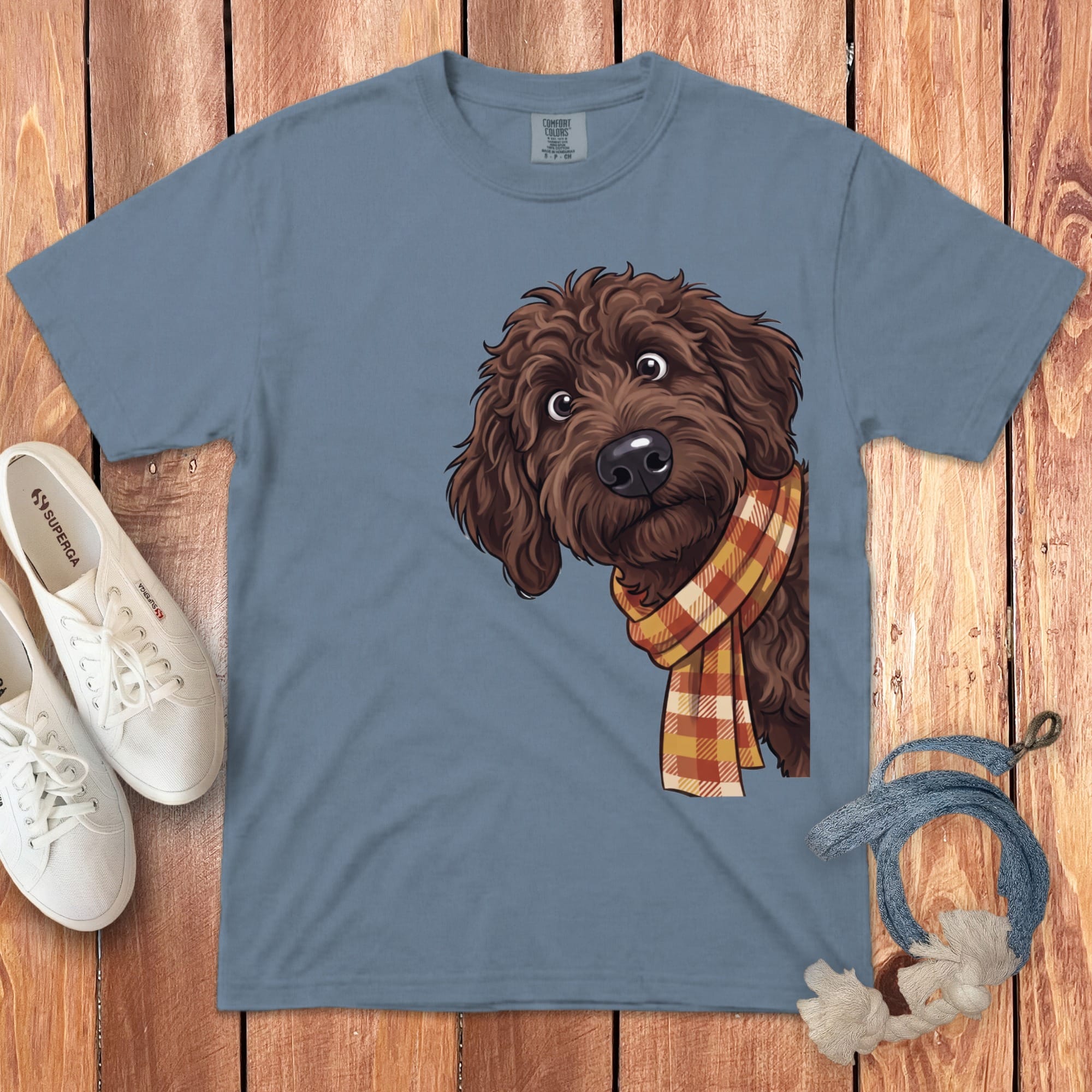 Fall Plaid Chocolate Goldendoodle Signature T-Shirt in Blue Jean / S / T-Shirts by Puppy Jo