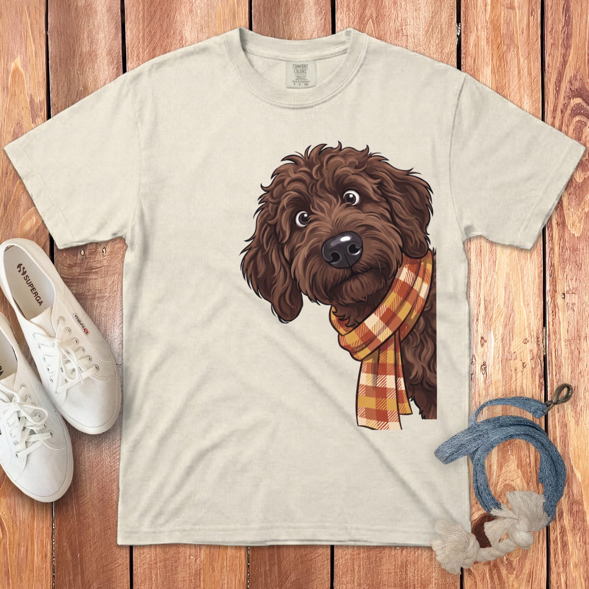 Fall Plaid Chocolate Goldendoodle Signature T-Shirt in Ivory / S / T-Shirts by Puppy Jo