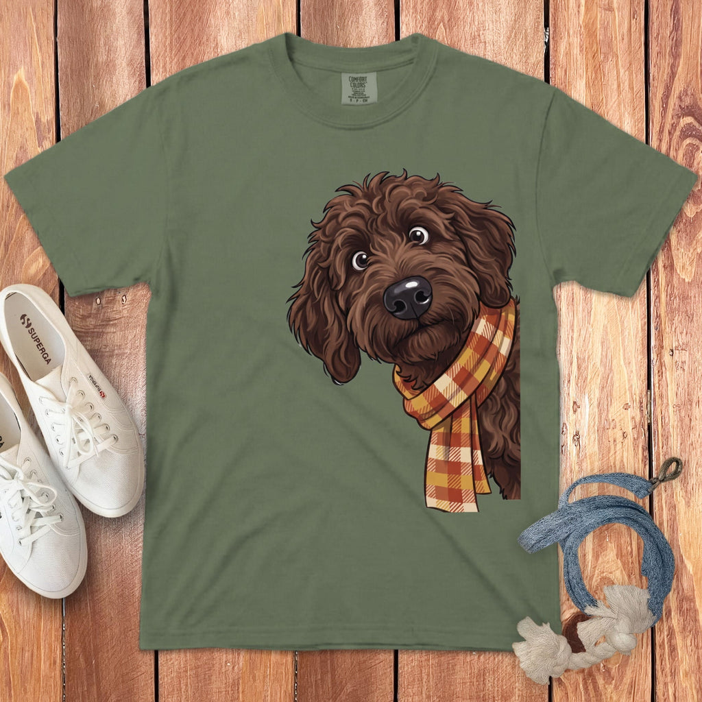 Fall Plaid Chocolate Goldendoodle Signature T-Shirt in Moss / S / T-Shirts by Puppy Jo