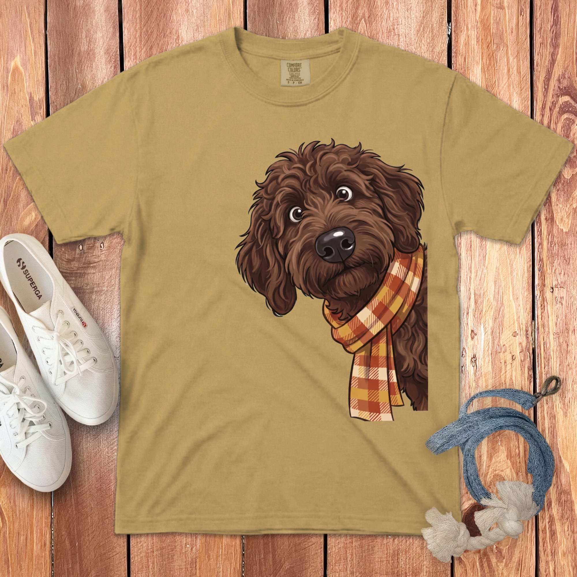 Fall Plaid Chocolate Goldendoodle Signature T-Shirt in Mustard / S / T-Shirts by Puppy Jo