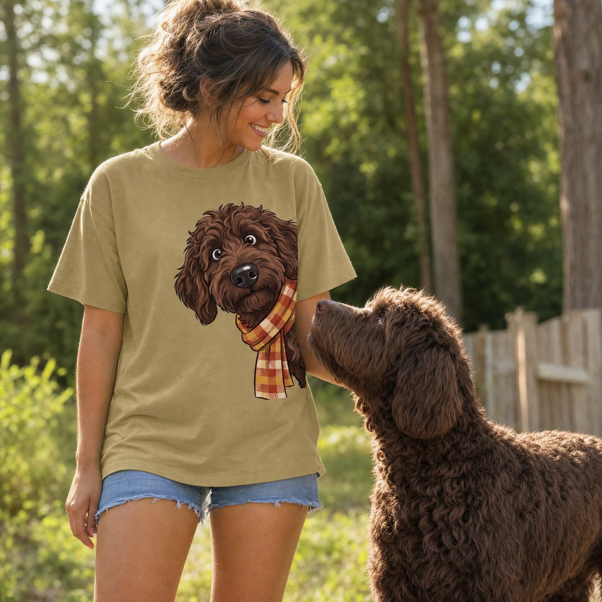 Fall Plaid Chocolate Goldendoodle Signature T-Shirt in by Puppy Jo