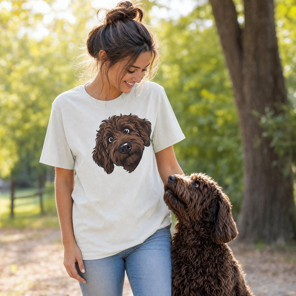 Fall Plaid Chocolate Goldendoodle Signature T-Shirt in by Puppy Jo