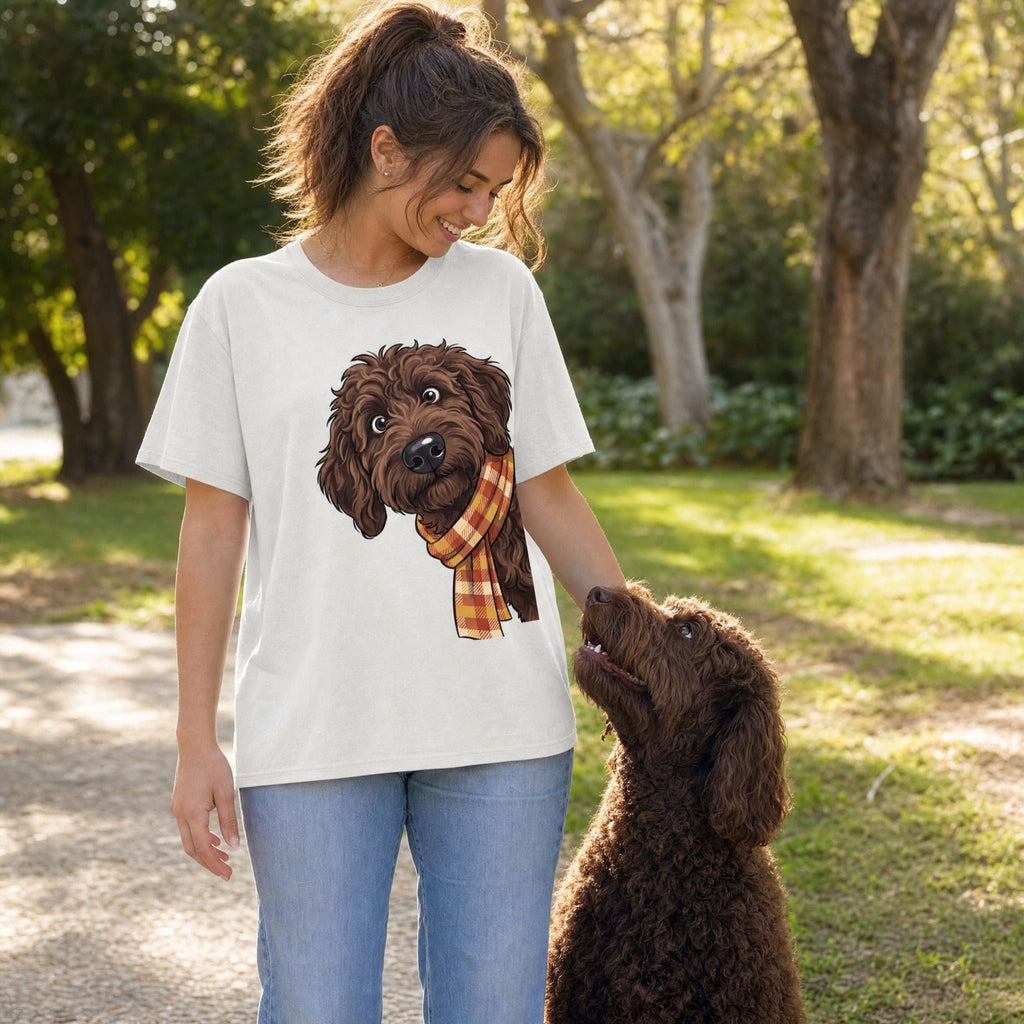 Fall Plaid Chocolate Goldendoodle Signature T-Shirt in by Puppy Jo