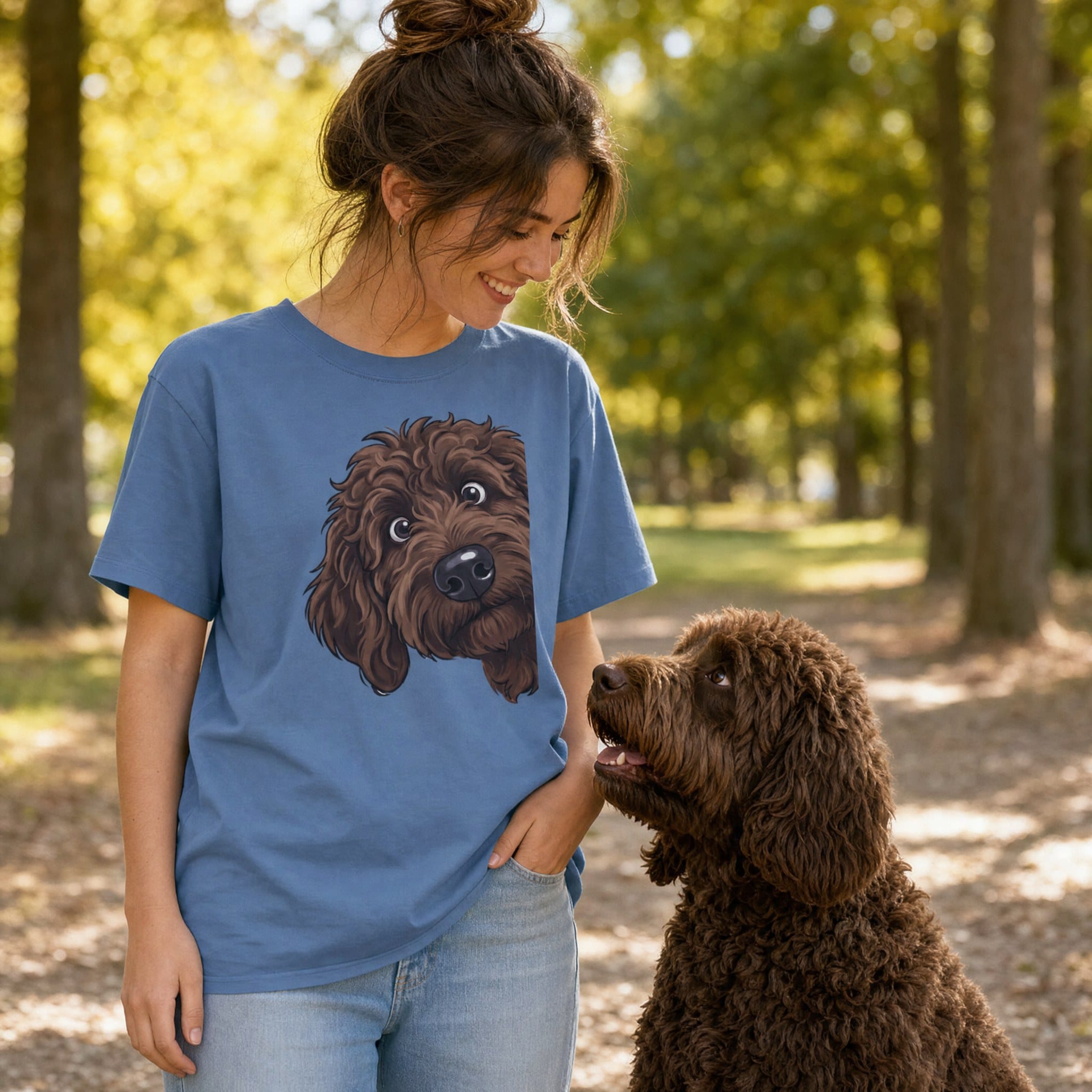 Fall Plaid Chocolate Goldendoodle Signature T-Shirt in by Puppy Jo