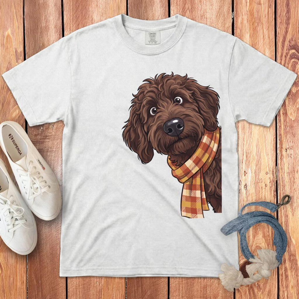 Fall Plaid Chocolate Goldendoodle Signature T-Shirt in White / S / T-Shirts by Puppy Jo