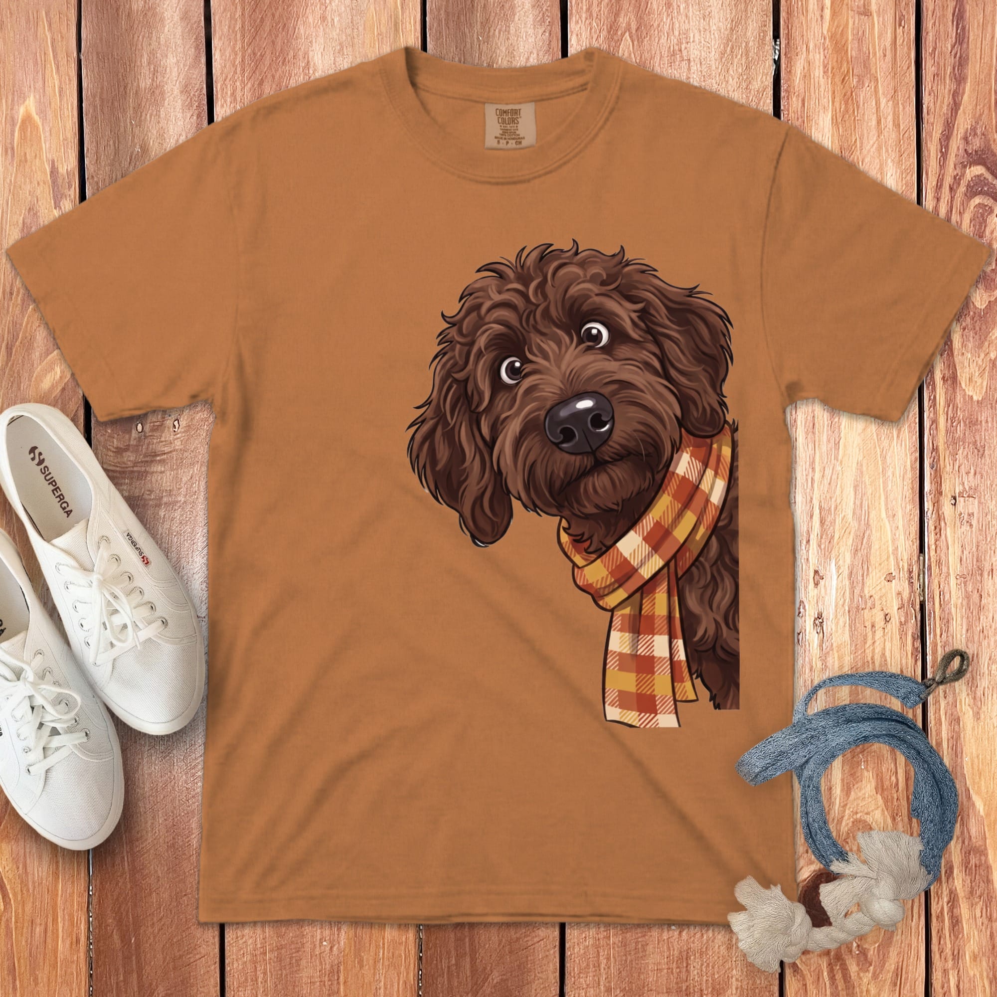 Fall Plaid Chocolate Goldendoodle Signature T-Shirt in Yam / S / T-Shirts by Puppy Jo