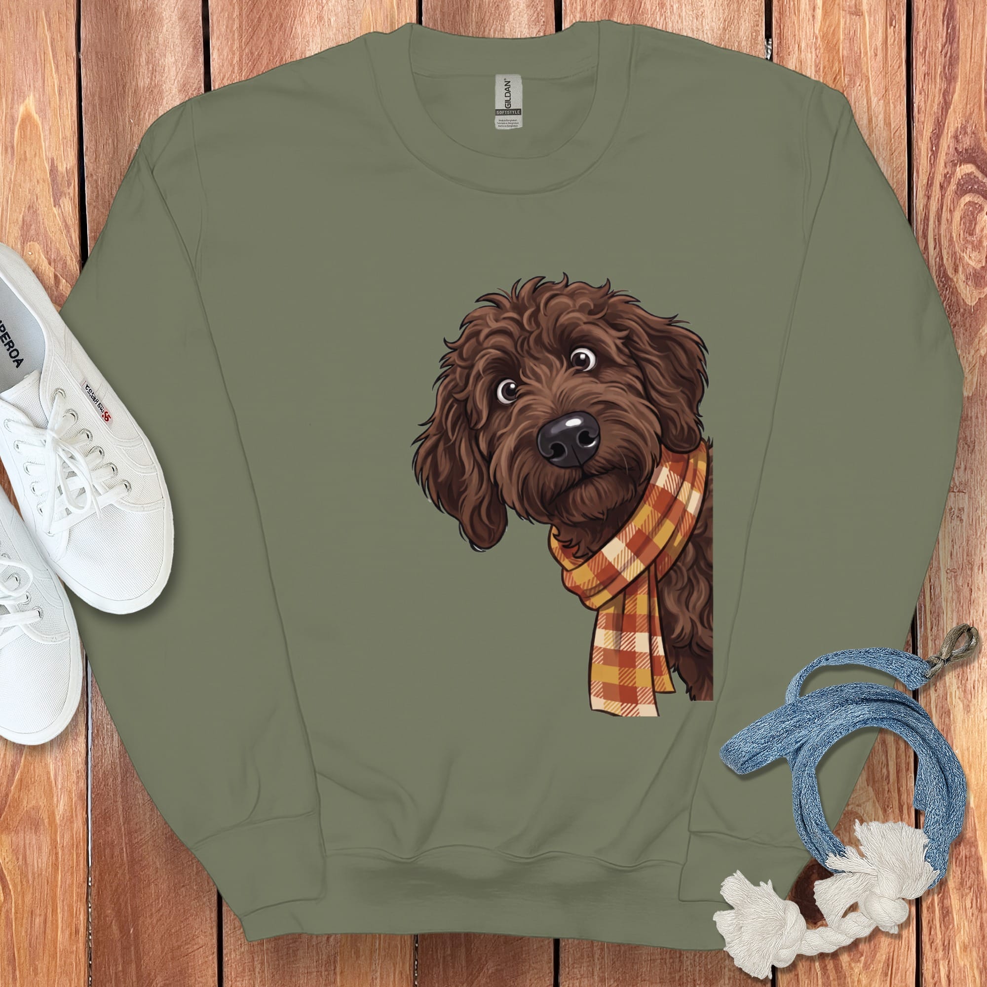 Fall Plaid Chocolate Goldendoodle Sweatshirt in Military Green / S by Puppy Jo