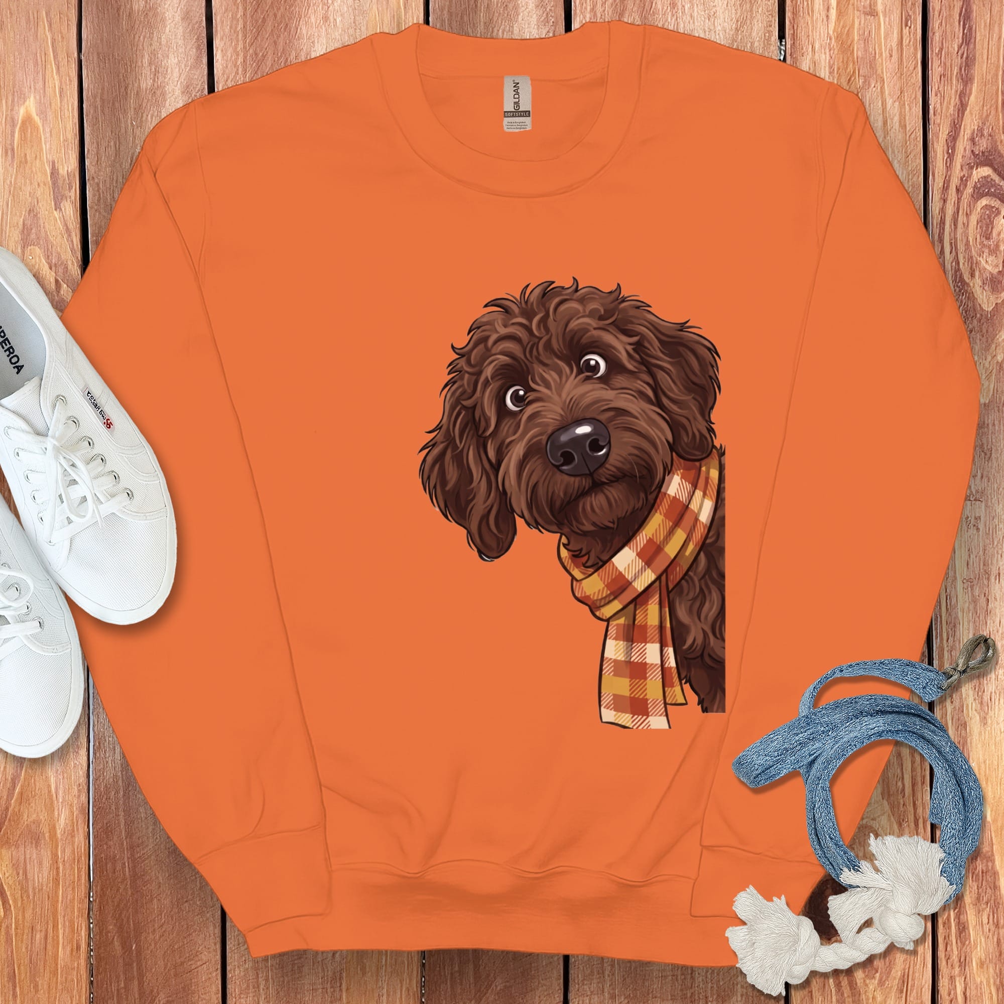 Fall Plaid Chocolate Goldendoodle Sweatshirt in Orange / M by Puppy Jo