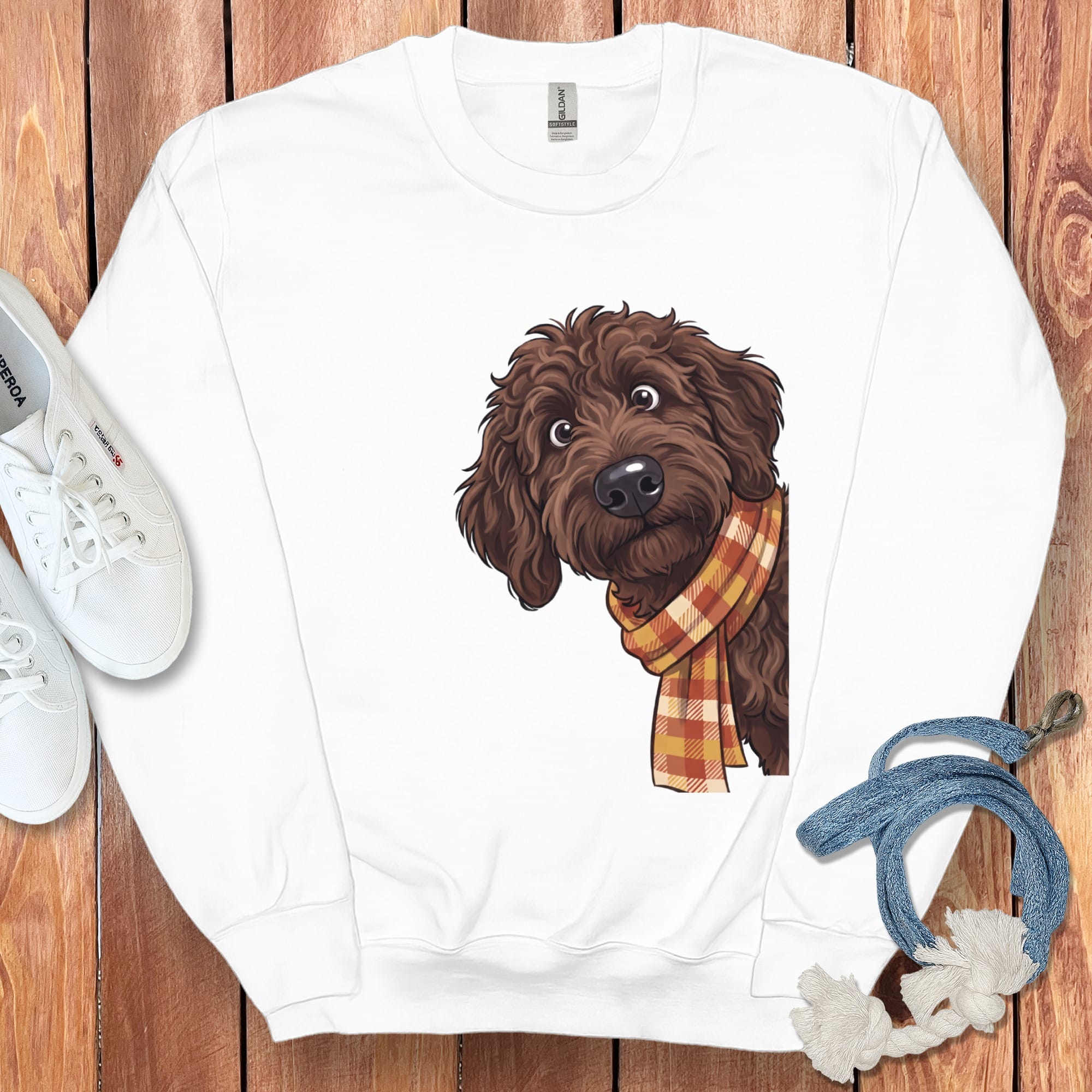 Fall Plaid Chocolate Goldendoodle Sweatshirt in White / S by Puppy Jo