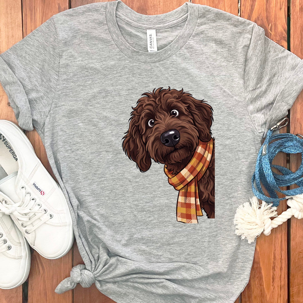 Fall Plaid Chocolate Goldendoodle T-Shirt in Athletic Heather / S by Puppy Jo