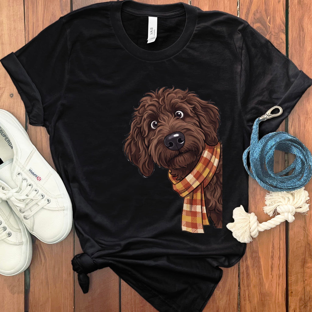 Fall Plaid Chocolate Goldendoodle T-Shirt in Black / S by Puppy Jo