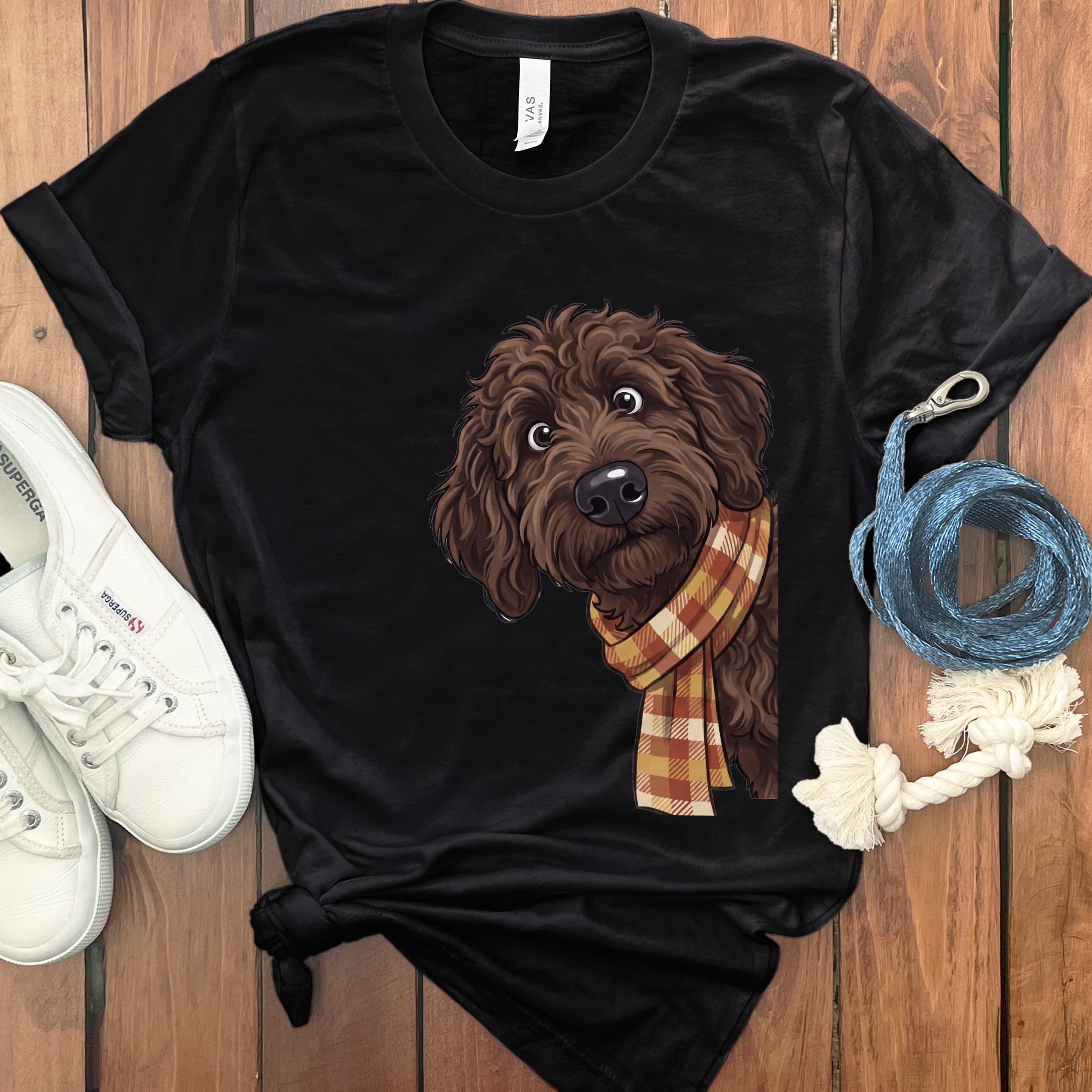 Fall Plaid Chocolate Goldendoodle T-Shirt in Black / S by Puppy Jo