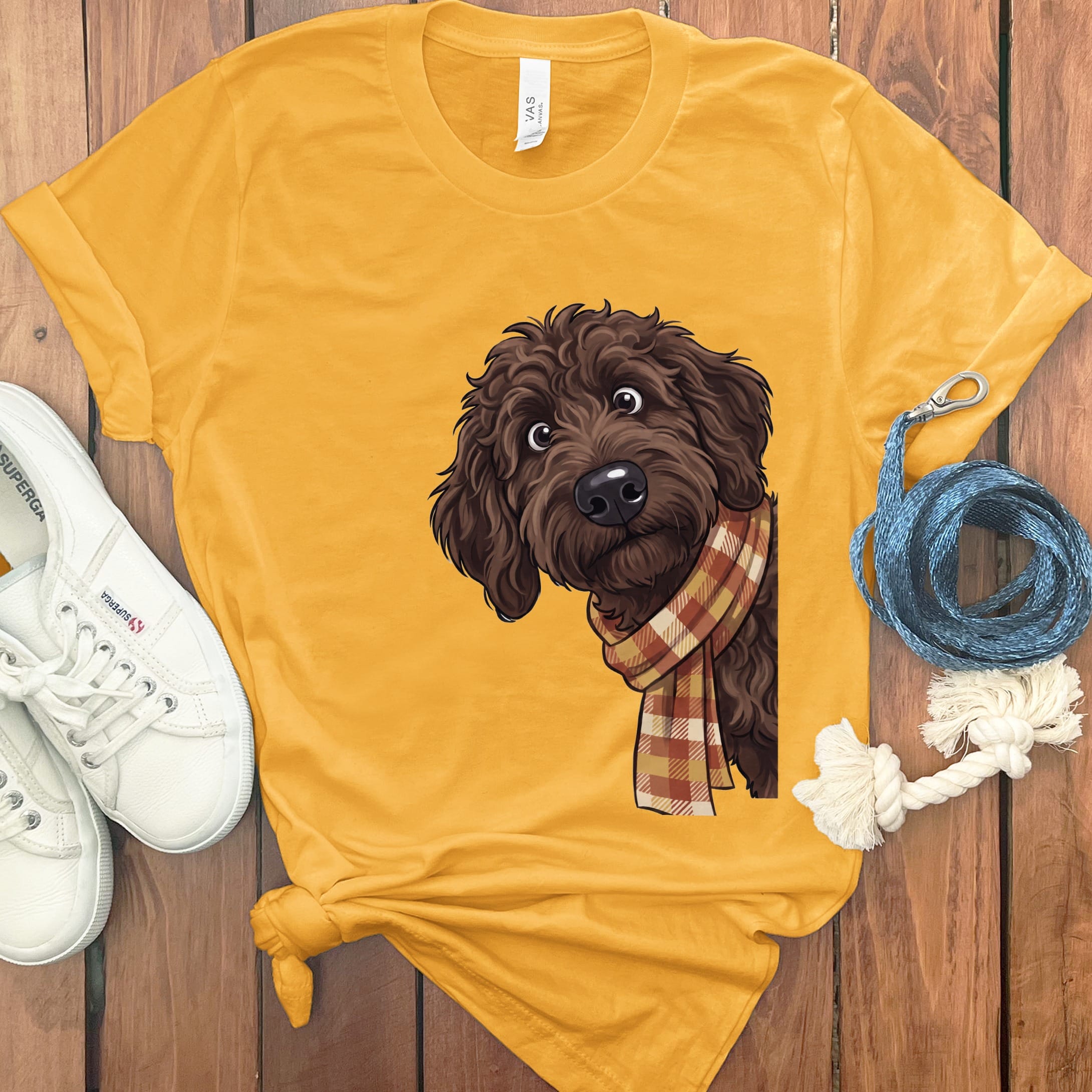 Fall Plaid Chocolate Goldendoodle T-Shirt in Gold / S by Puppy Jo