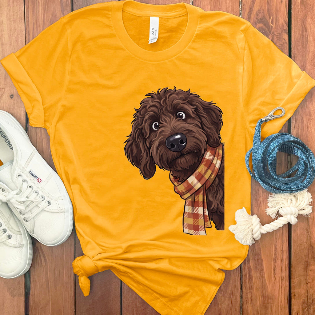 Fall Plaid Chocolate Goldendoodle T-Shirt in Gold / S by Puppy Jo