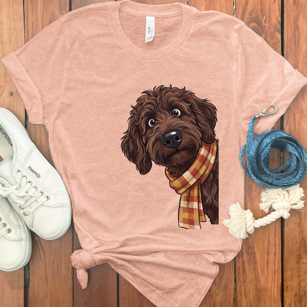 Fall Plaid Chocolate Goldendoodle T-Shirt in Heather Peach / S by Puppy Jo