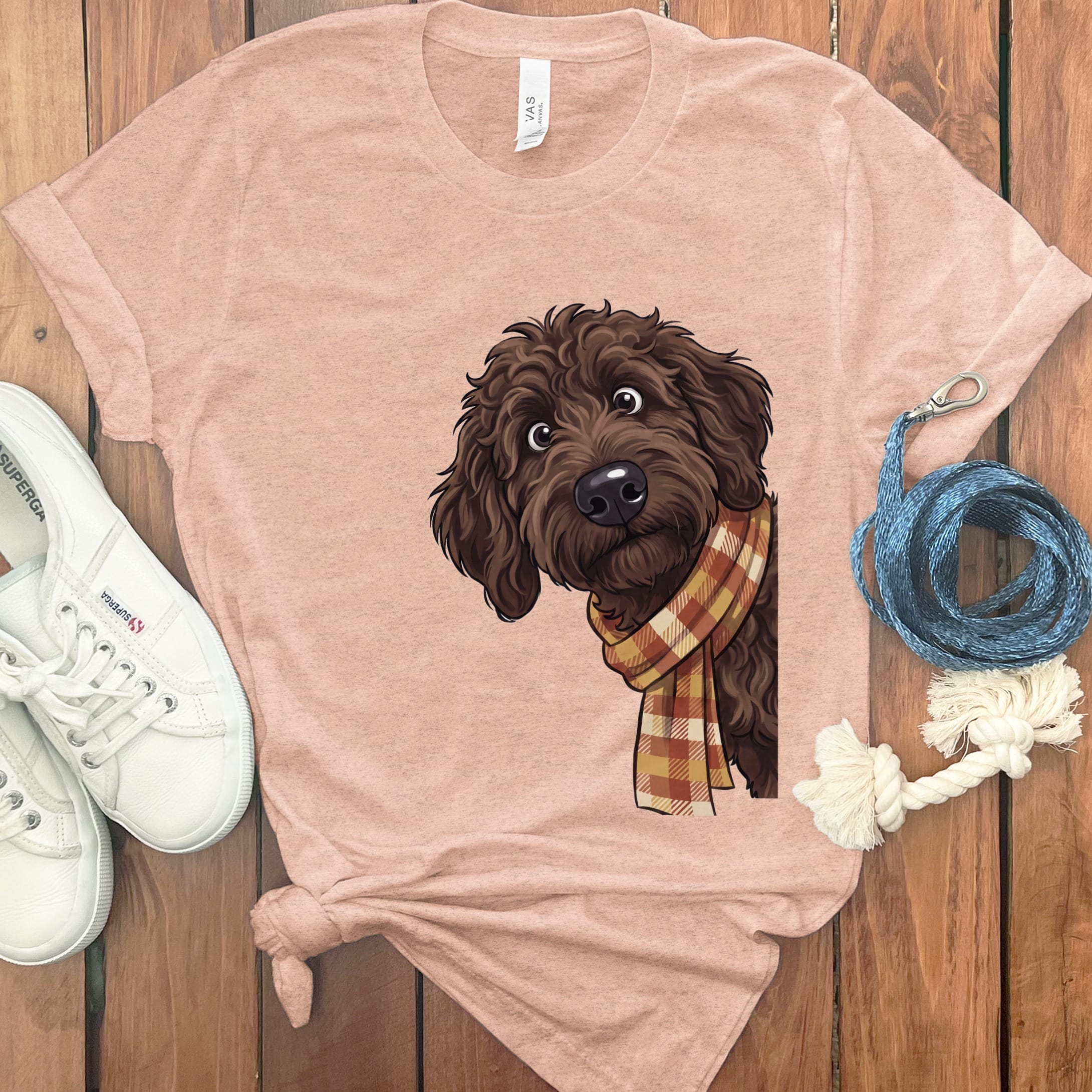 Fall Plaid Chocolate Goldendoodle T-Shirt in Heather Peach / S by Puppy Jo