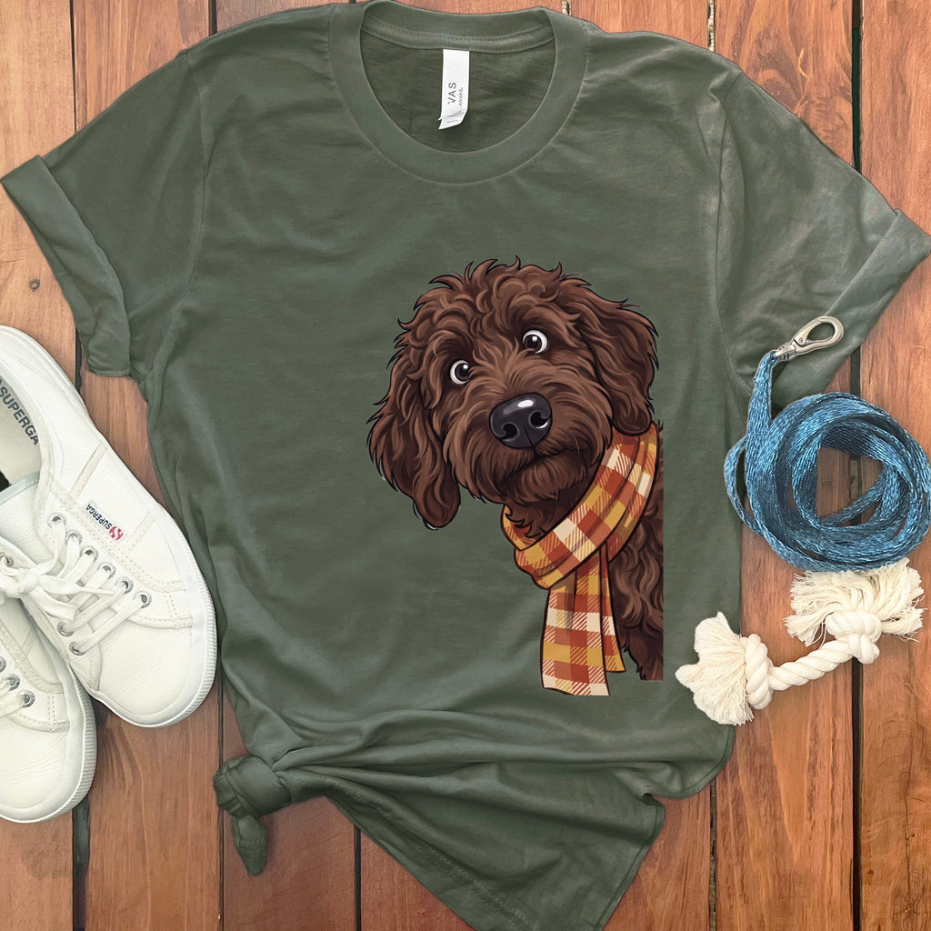 Fall Plaid Chocolate Goldendoodle T-Shirt in Military Green / S by Puppy Jo