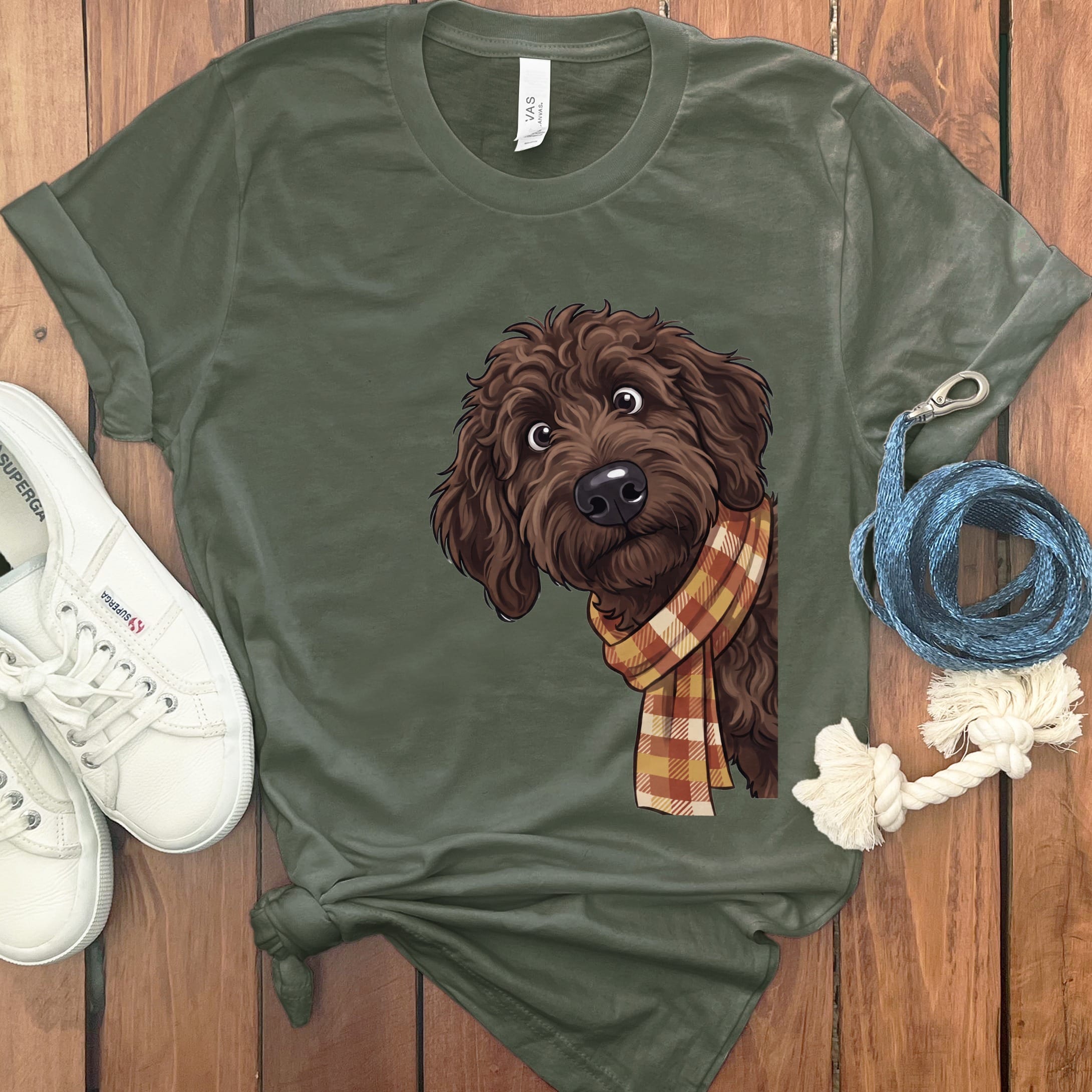 Fall Plaid Chocolate Goldendoodle T-Shirt in Military Green / S by Puppy Jo