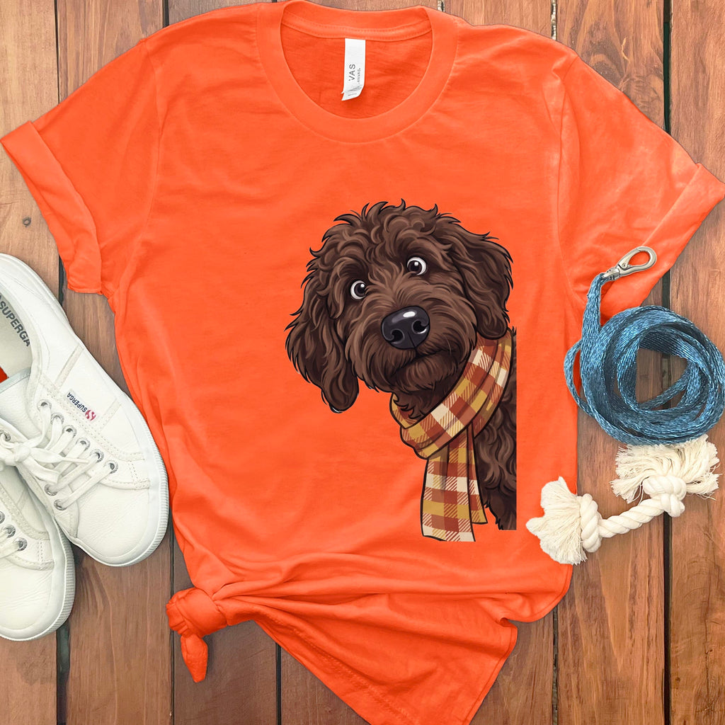 Fall Plaid Chocolate Goldendoodle T-Shirt in Orange / S by Puppy Jo