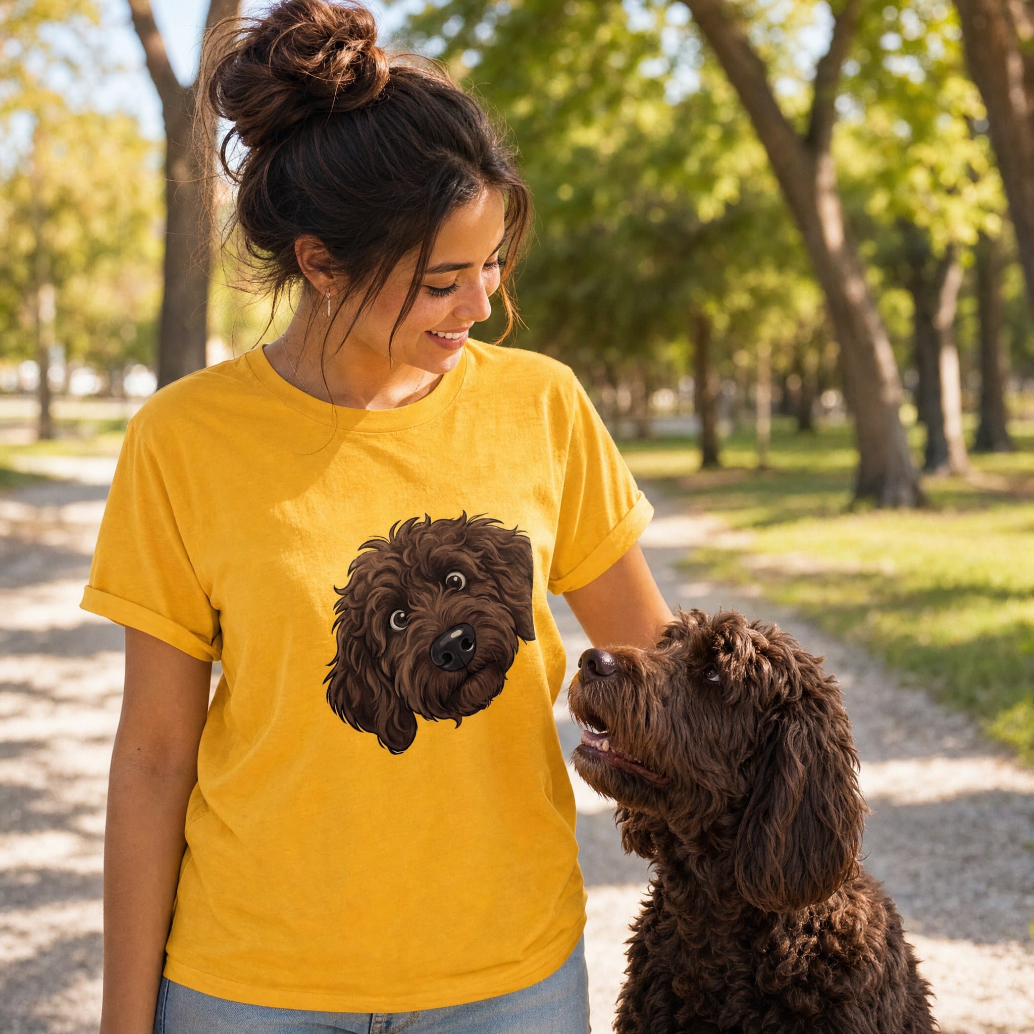 Fall Plaid Chocolate Goldendoodle T-Shirt in by Puppy Jo