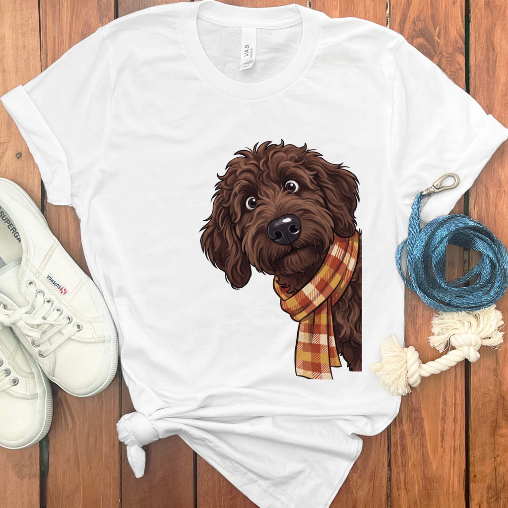 Fall Plaid Chocolate Goldendoodle T-Shirt in White / S by Puppy Jo