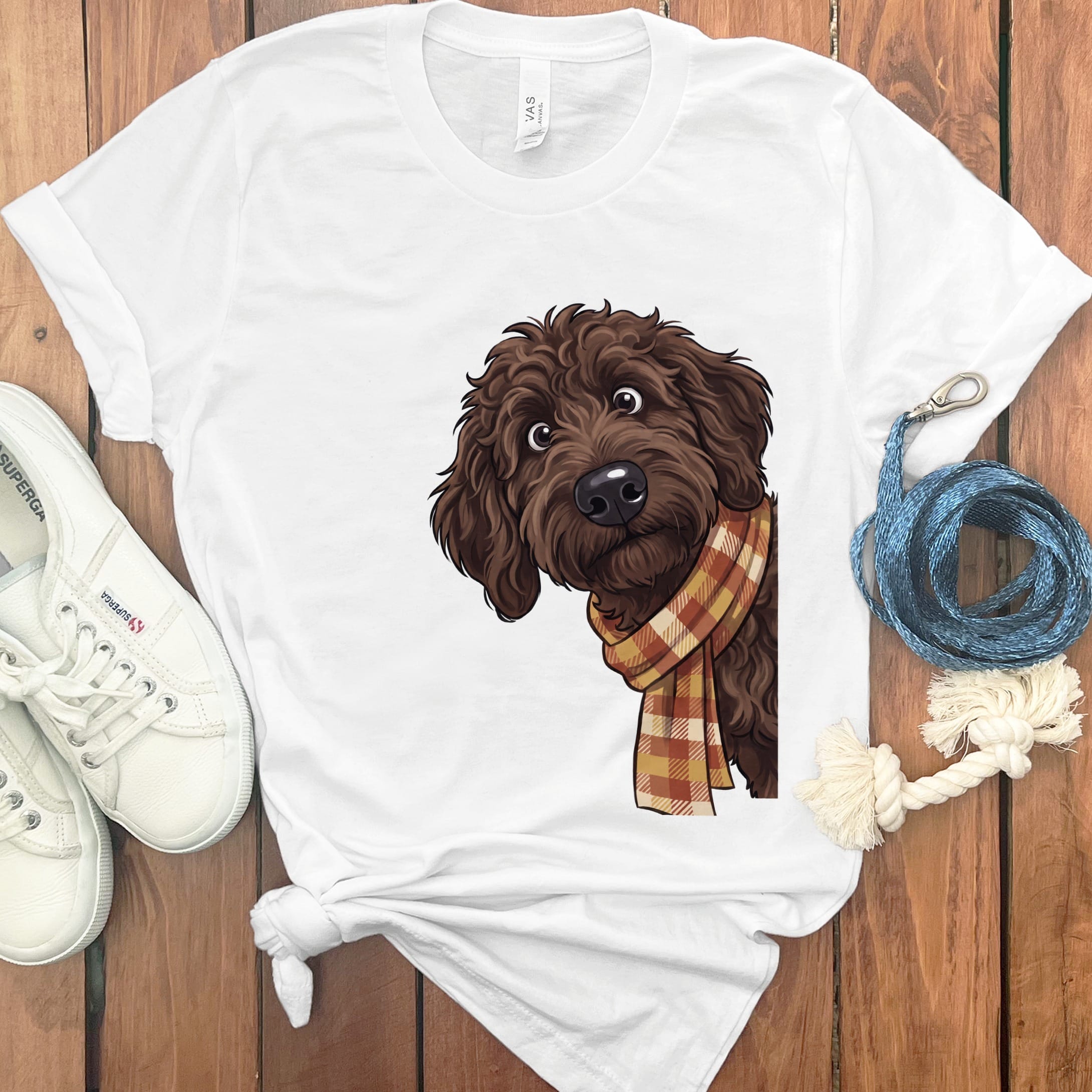 Fall Plaid Chocolate Goldendoodle T-Shirt in White / S by Puppy Jo