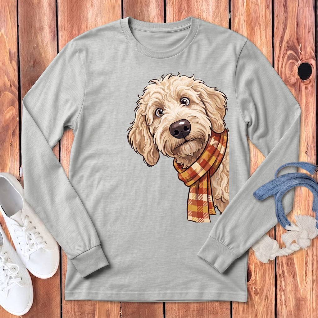 Fall Plaid Cream Goldendoodle Long Sleeve T-Shirt in Athletic Heather / S by Puppy Jo