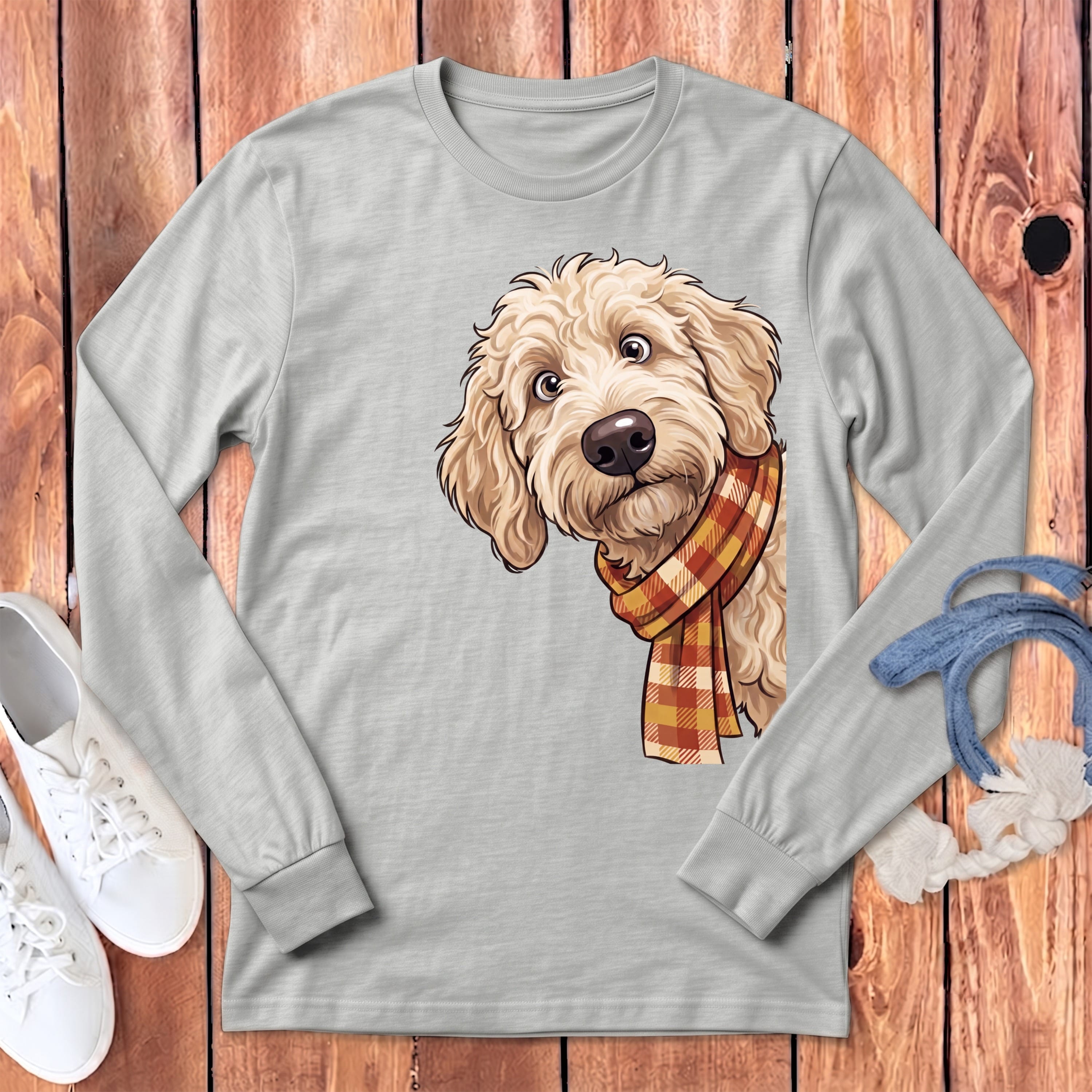 Fall Plaid Cream Goldendoodle Long Sleeve T-Shirt in Athletic Heather / S by Puppy Jo