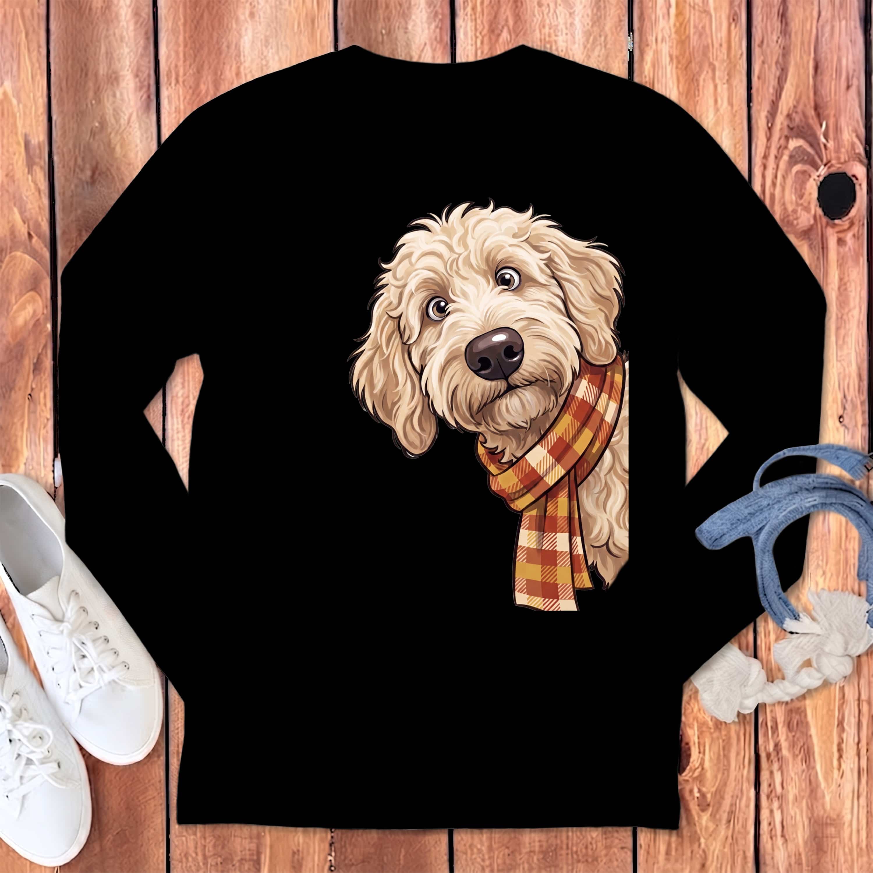 Fall Plaid Cream Goldendoodle Long Sleeve T-Shirt in Black / S by Puppy Jo