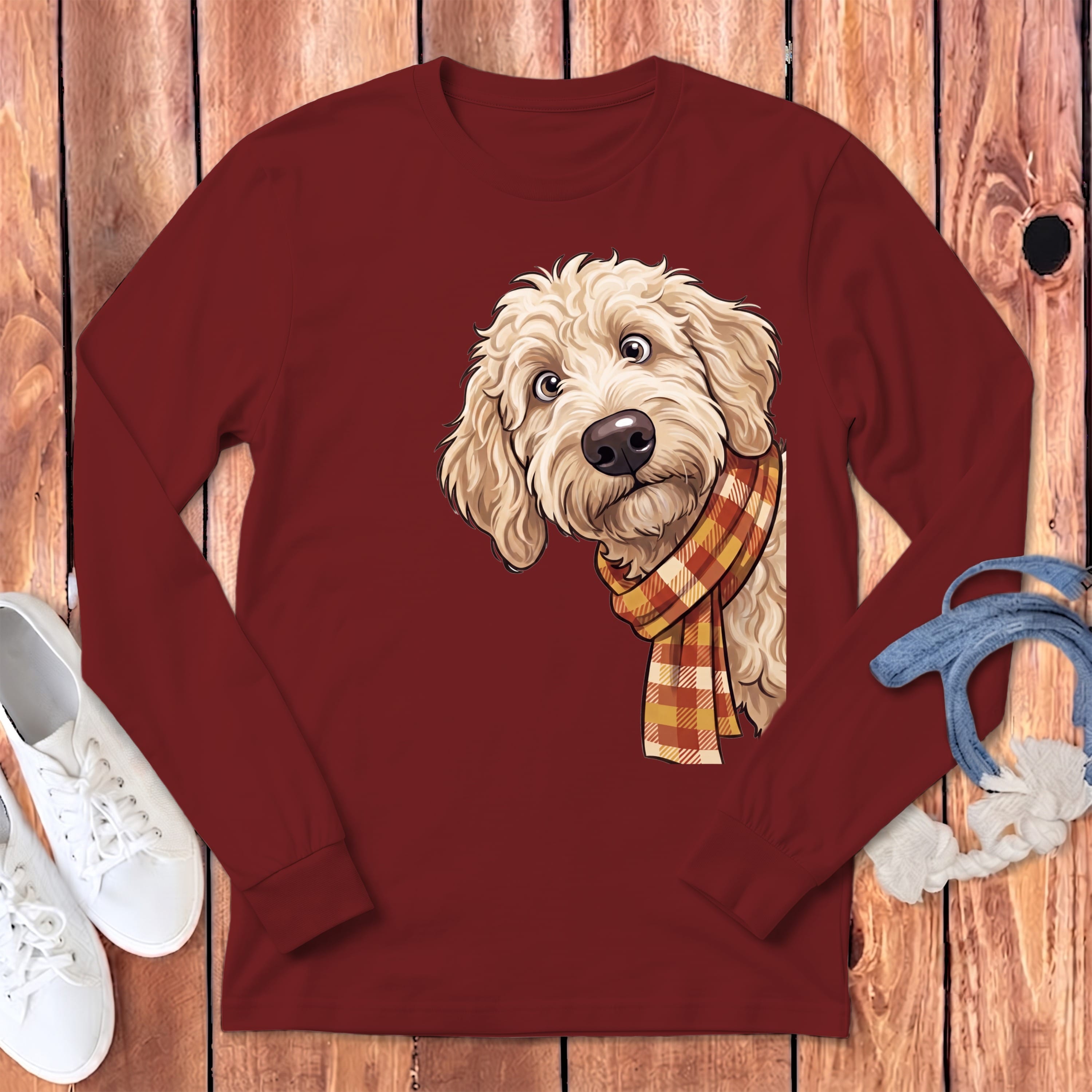 Fall Plaid Cream Goldendoodle Long Sleeve T-Shirt in Cardinal / S by Puppy Jo