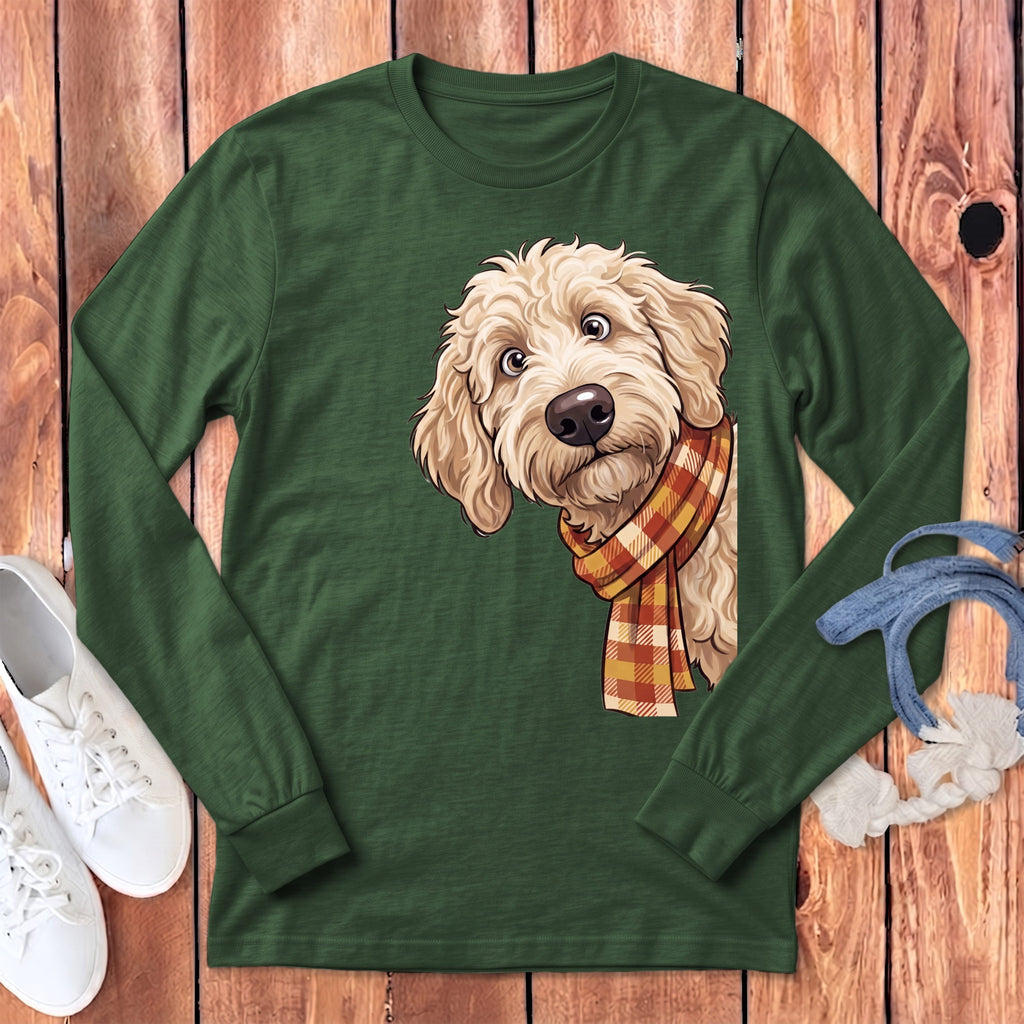 Fall Plaid Cream Goldendoodle Long Sleeve T-Shirt in Heather Forest / S by Puppy Jo