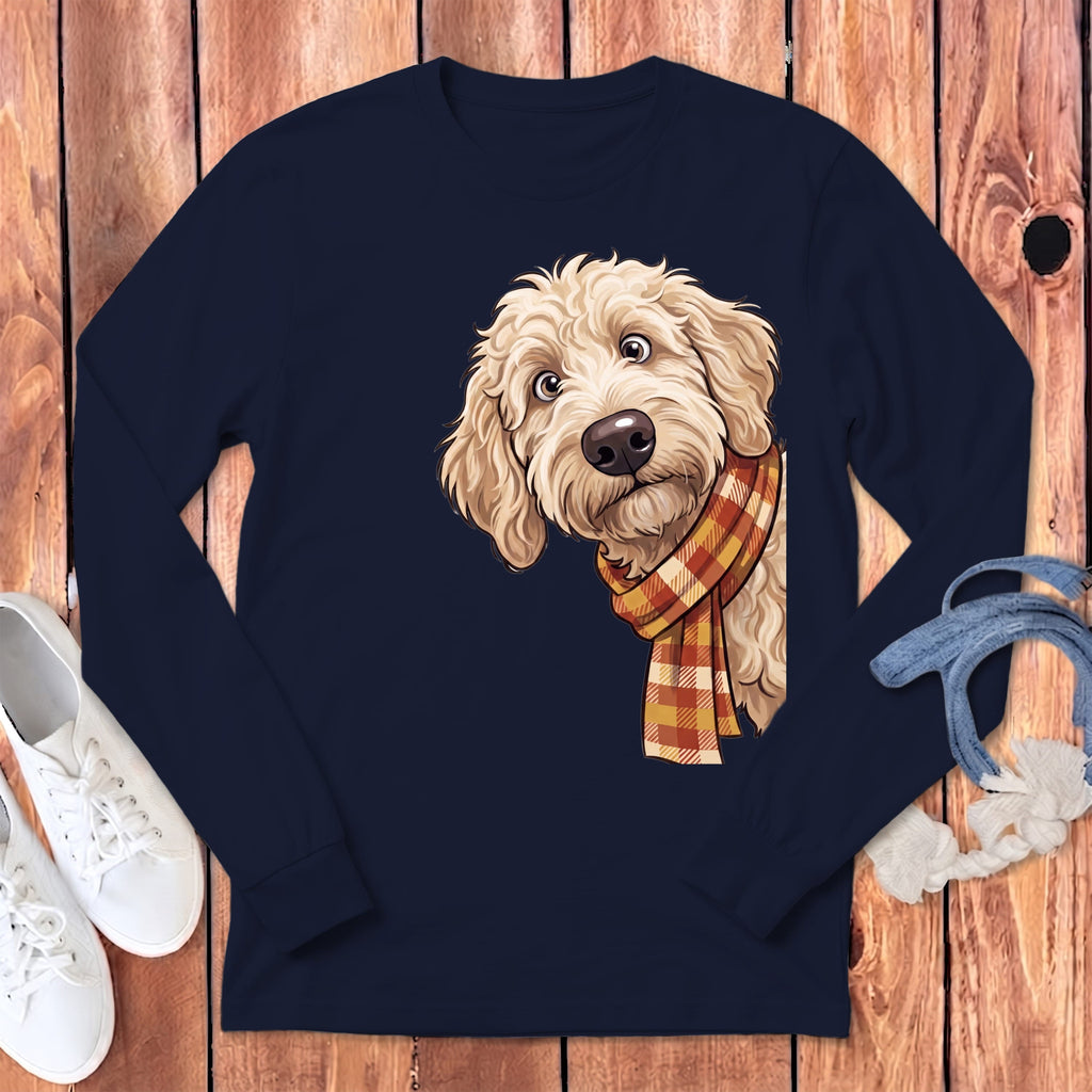 Fall Plaid Cream Goldendoodle Long Sleeve T-Shirt in Navy / S by Puppy Jo