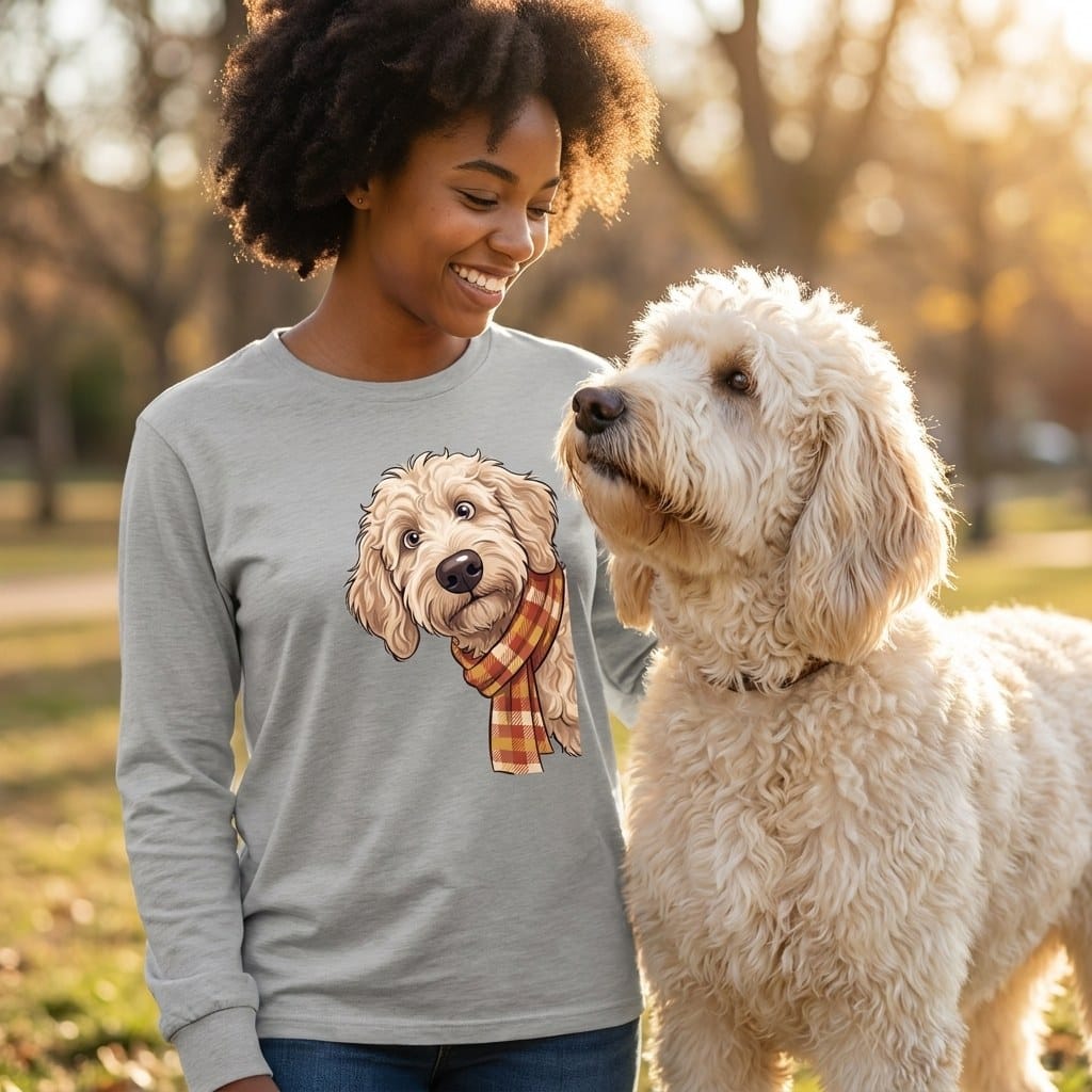 Fall Plaid Cream Goldendoodle Long Sleeve T-Shirt in by Puppy Jo